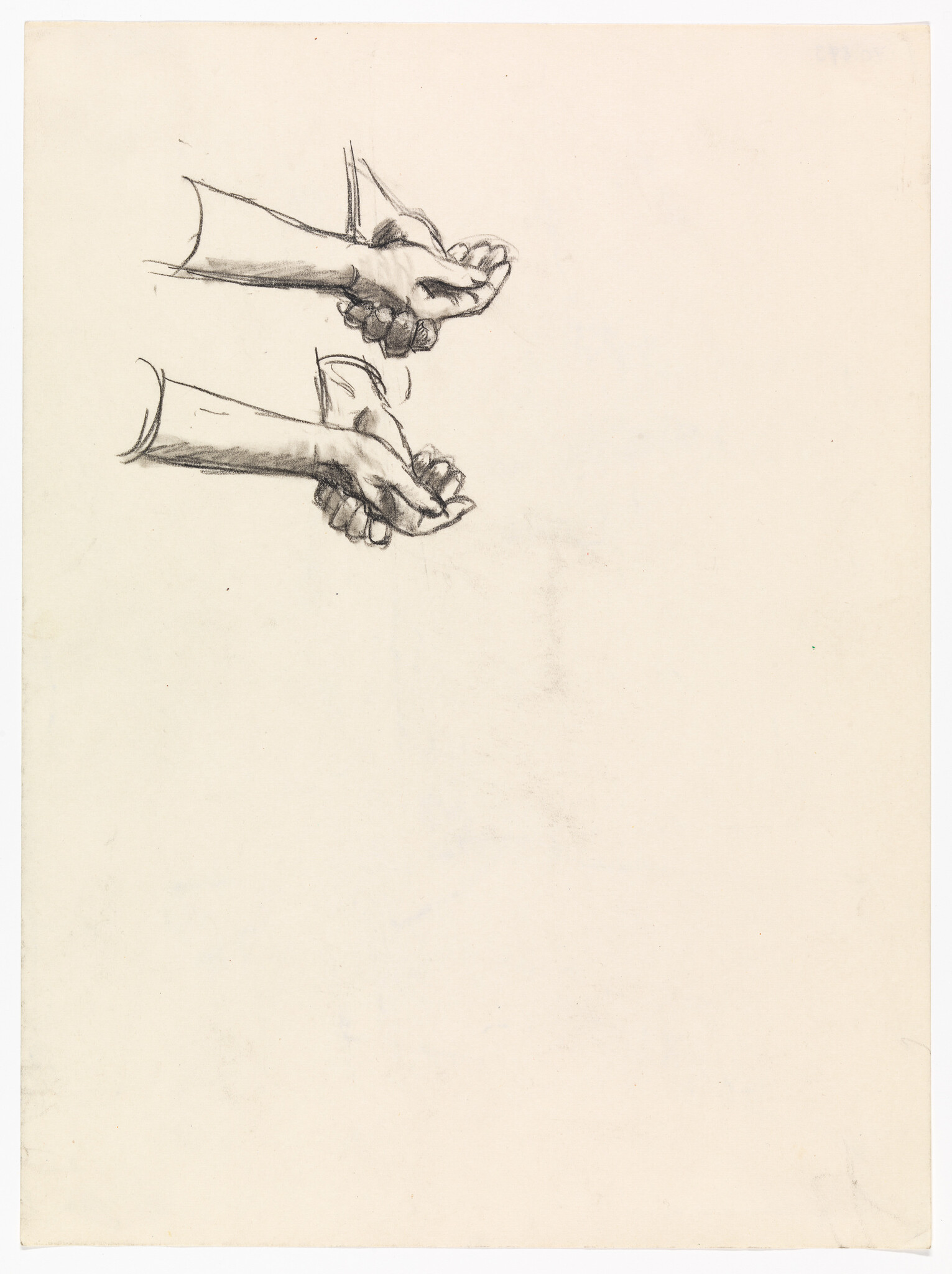 Pencil sketch of two pairs of hands in different positions on a blank paper background. The hands are drawn with attention to detail, showing the contours and creases of the skin.