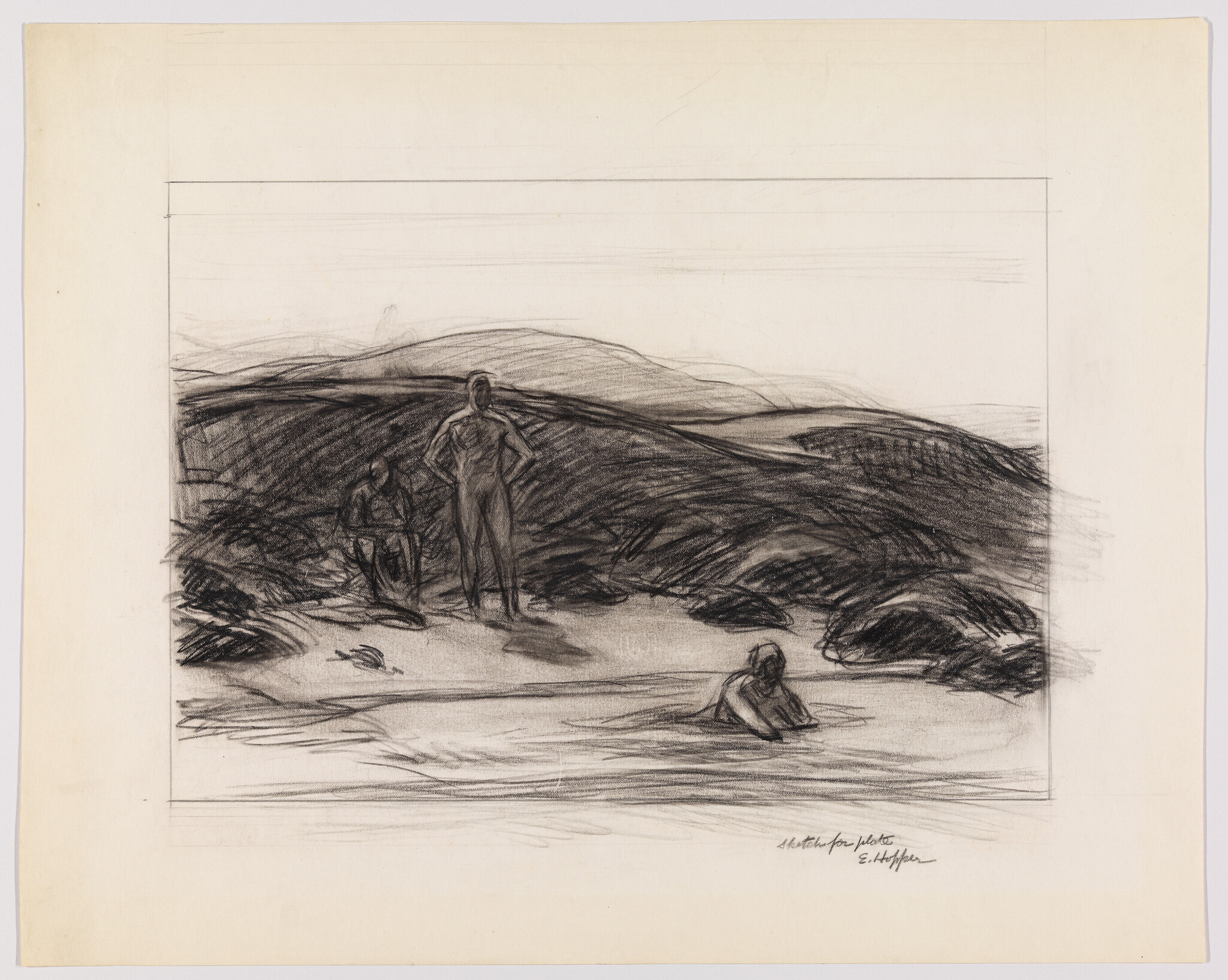 Three people at a beach sketch, one standing hands on hips and one swimming in water.