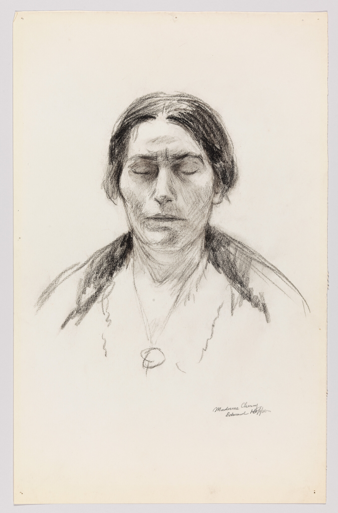 Woman with closed eyes and braided hair wearing a pendant necklace in a charcoal sketch.