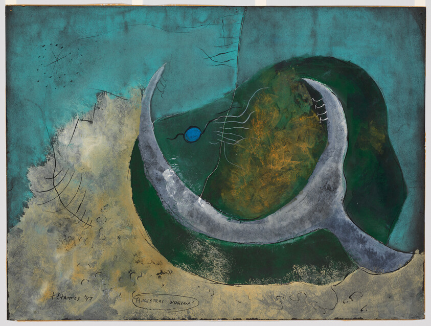 Abstract painting with a blue circle, curving shapes, and ladder-like lines on a teal and beige background, signed and dated '97.