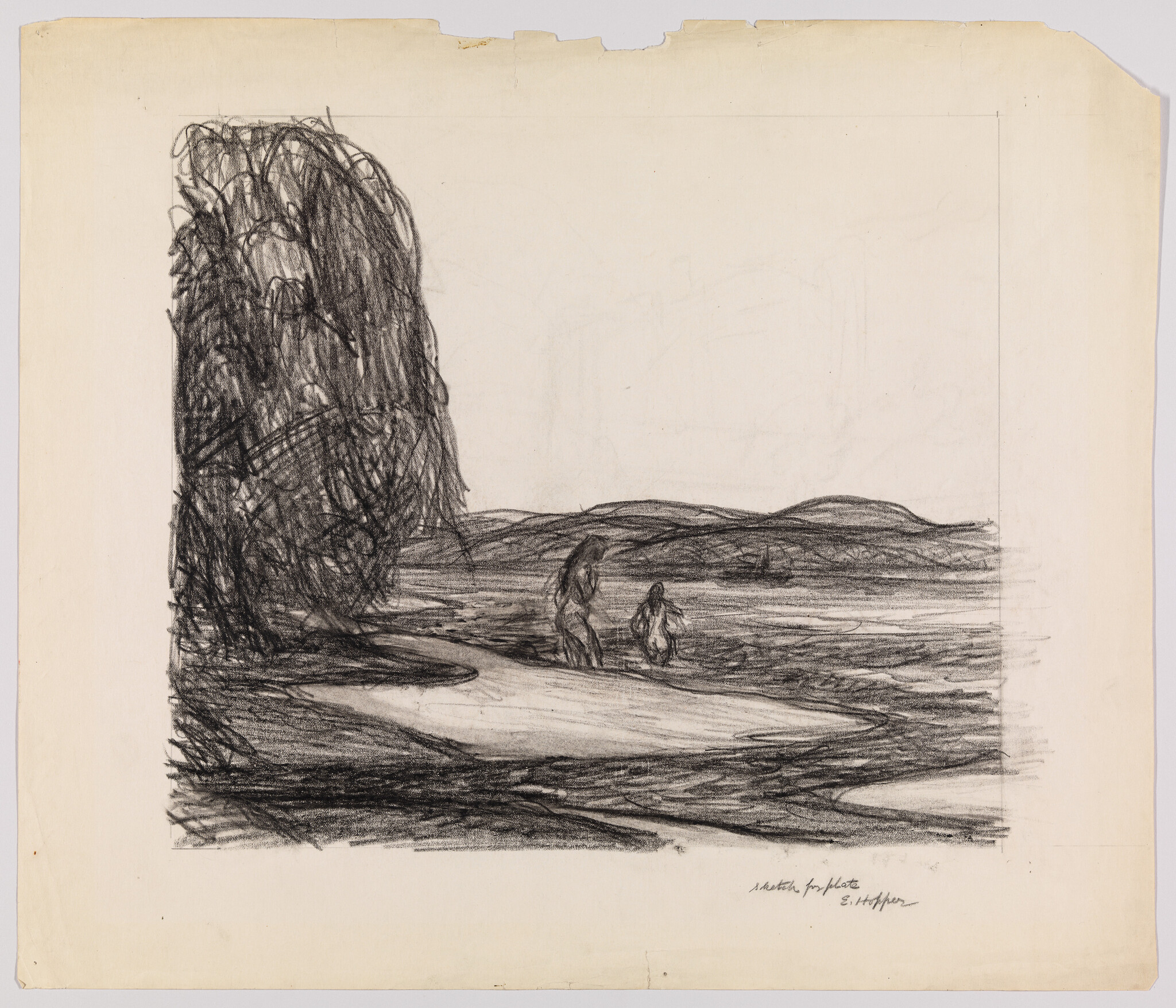 Two figures walking along a riverbank near a large tree in a charcoal landscape sketch.
