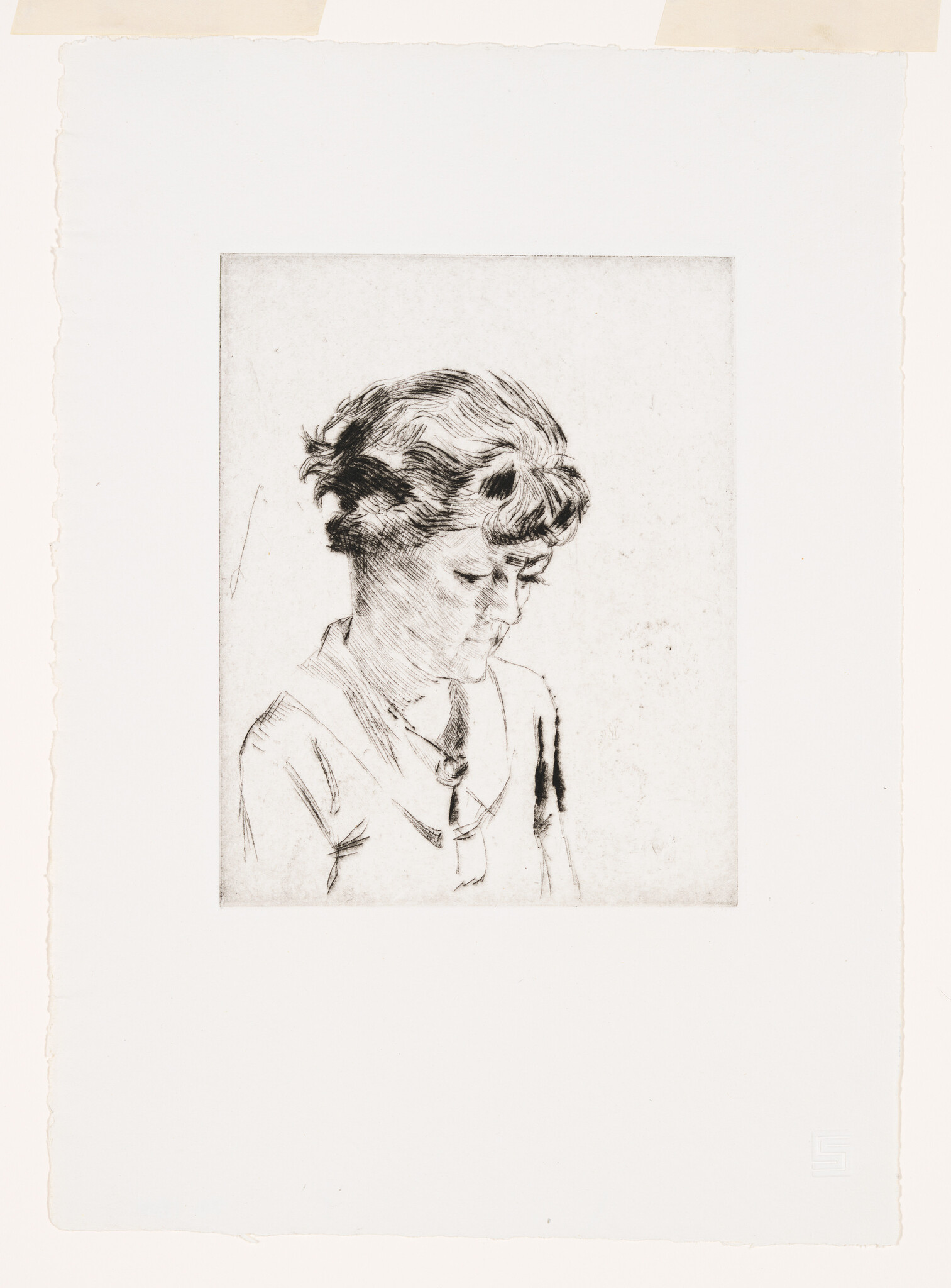 A delicate etching of a young woman looking down with a thoughtful expression.