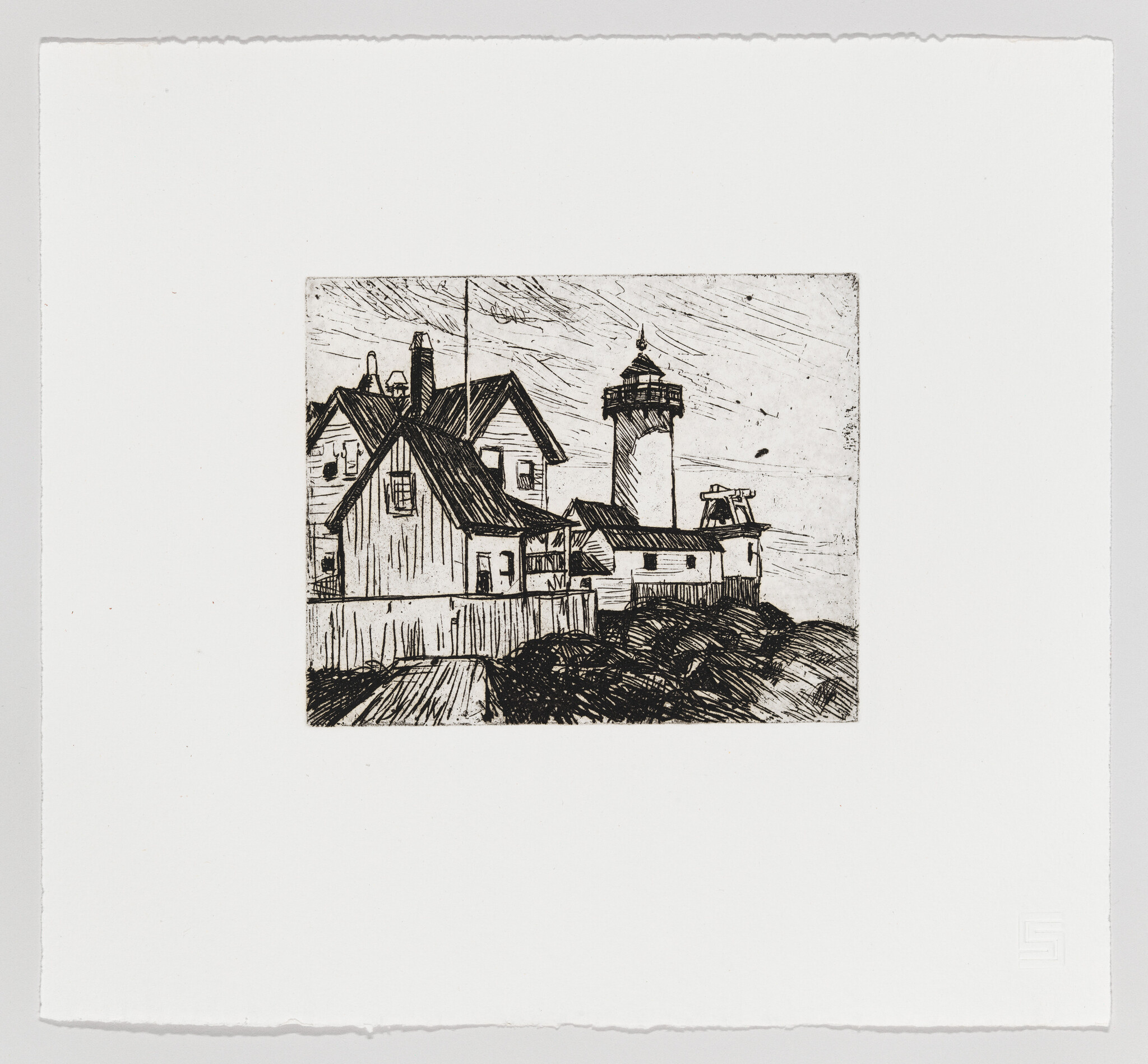 A black ink sketch shows a lighthouse and adjacent houses perched on a rocky shoreline.