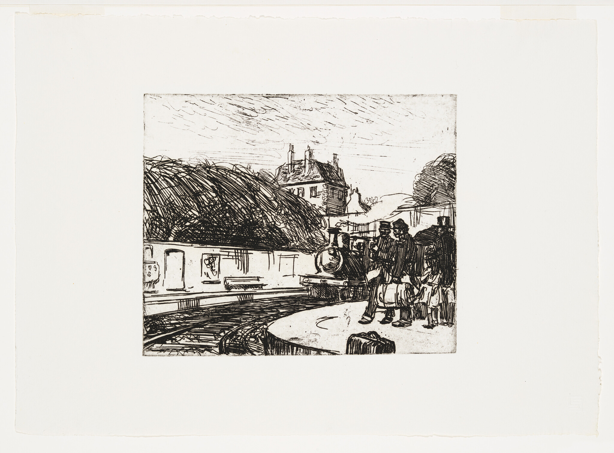 People with luggage stand on a curved train platform as a steam locomotive approaches.