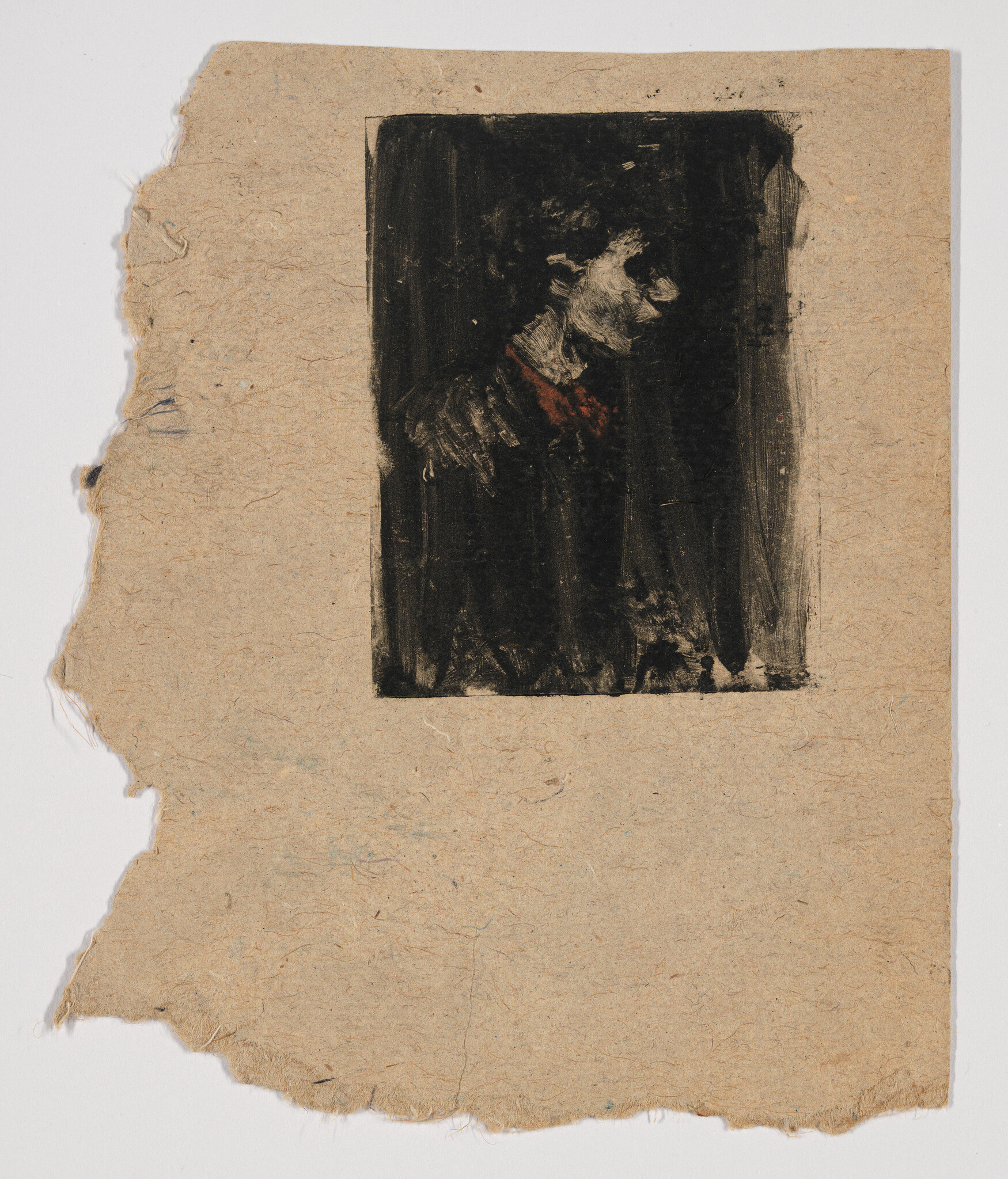 A dark painted profile of a person with a red collar on torn brown paper.