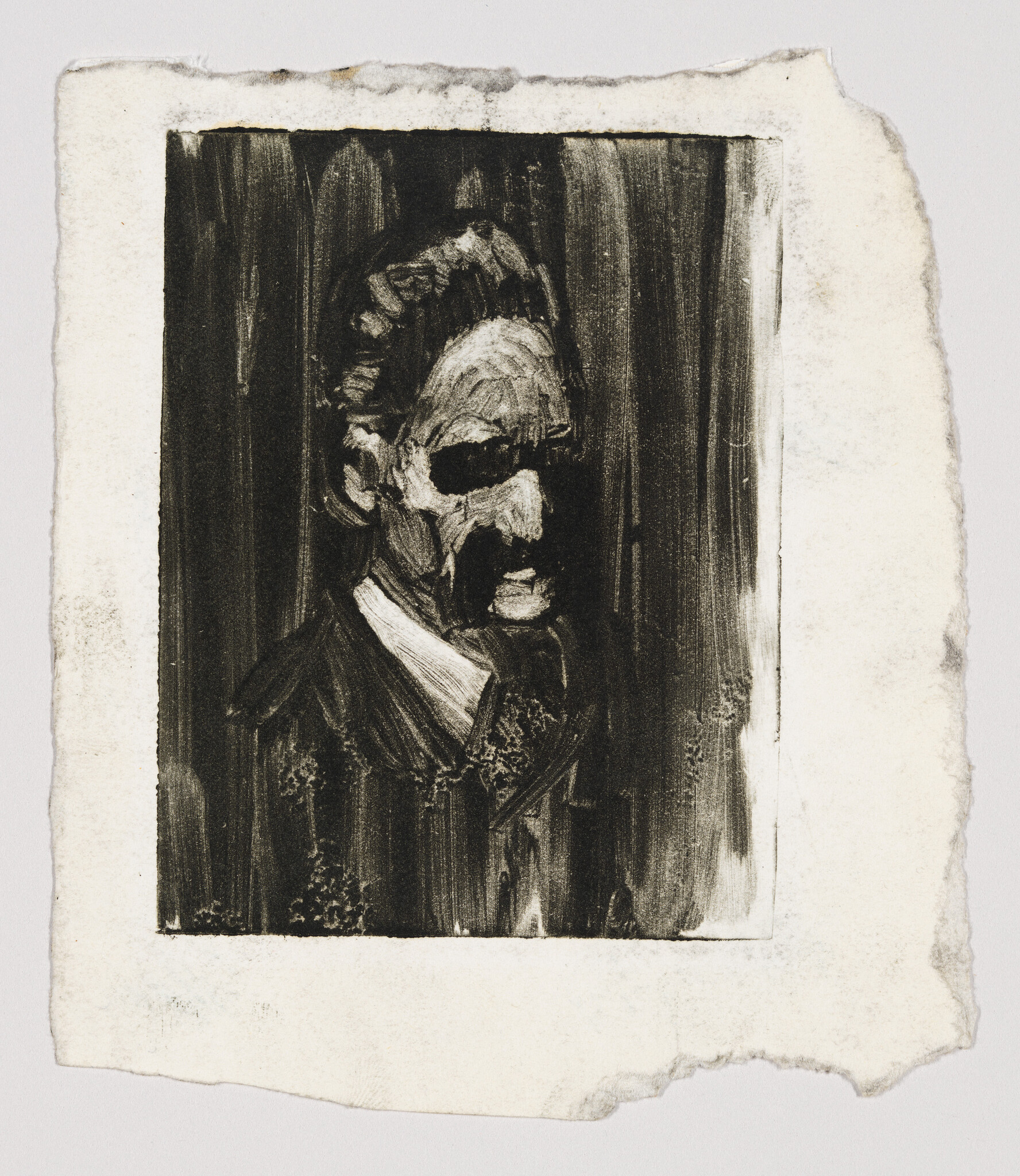 A dark, rough charcoal portrait of a mustached man in a suit on torn paper.