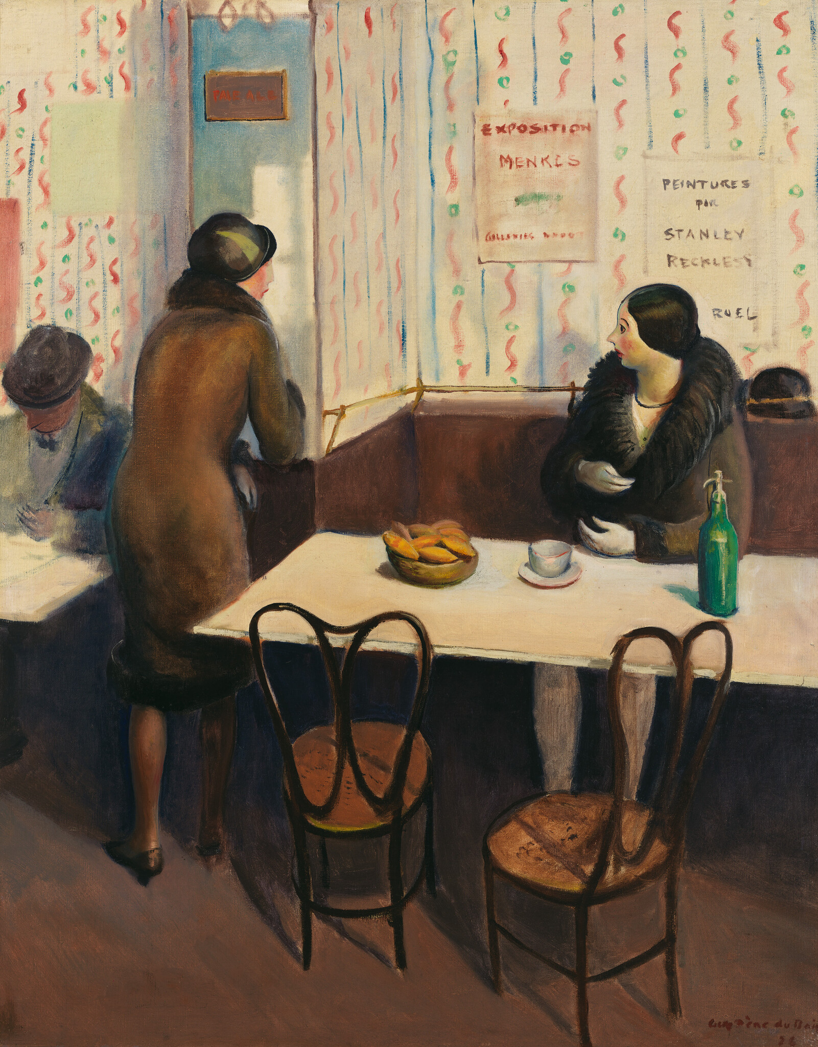 A painting depicting an intimate café scene with three patrons: two seated at a table engrossed in reading and conversation, and one standing at the counter. The interior is adorned with colorful wallpaper and posters advertising art exhibitions. A bowl of fruit sits on one table, while a cup of coffee and a green bottle are placed on another. The atmosphere is casual and the style impressionistic, capturing a moment of everyday Parisian life.