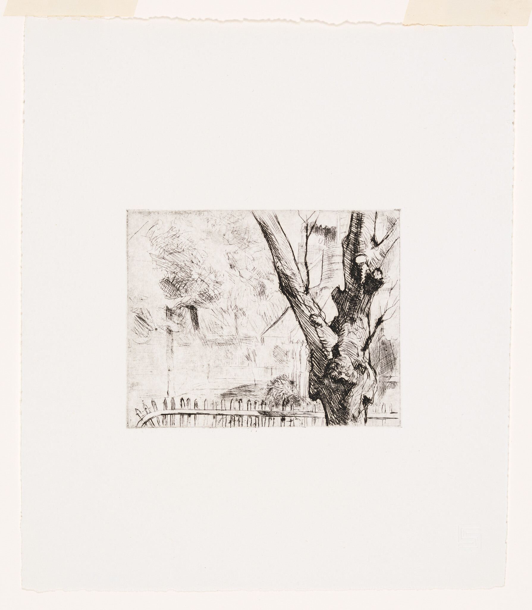 A detailed etching of a gnarled tree trunk beside a low fence and distant trees.