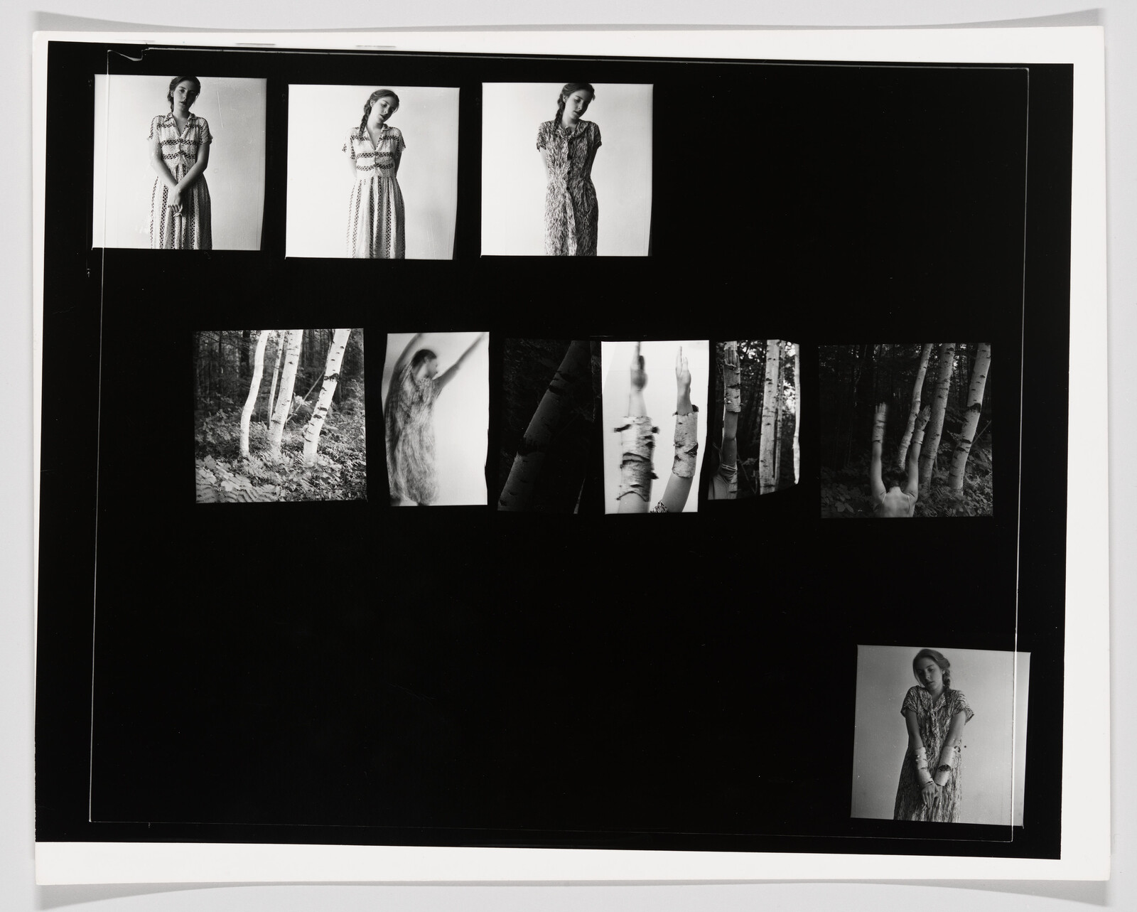 A array of photo stills featuring images of a forest and a standing girl in a dress&nbsp;