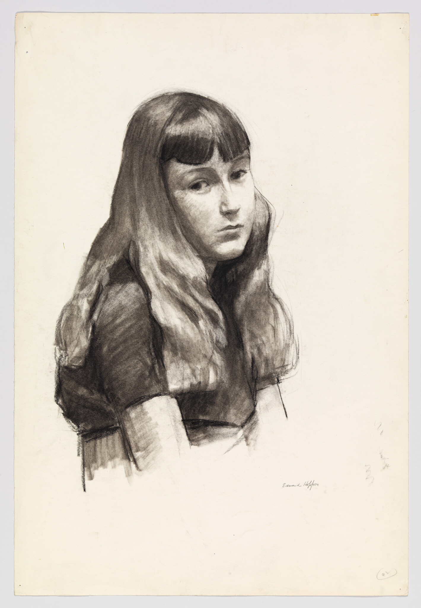 A charcoal portrait of a young girl with long hair looking pensively to the side.