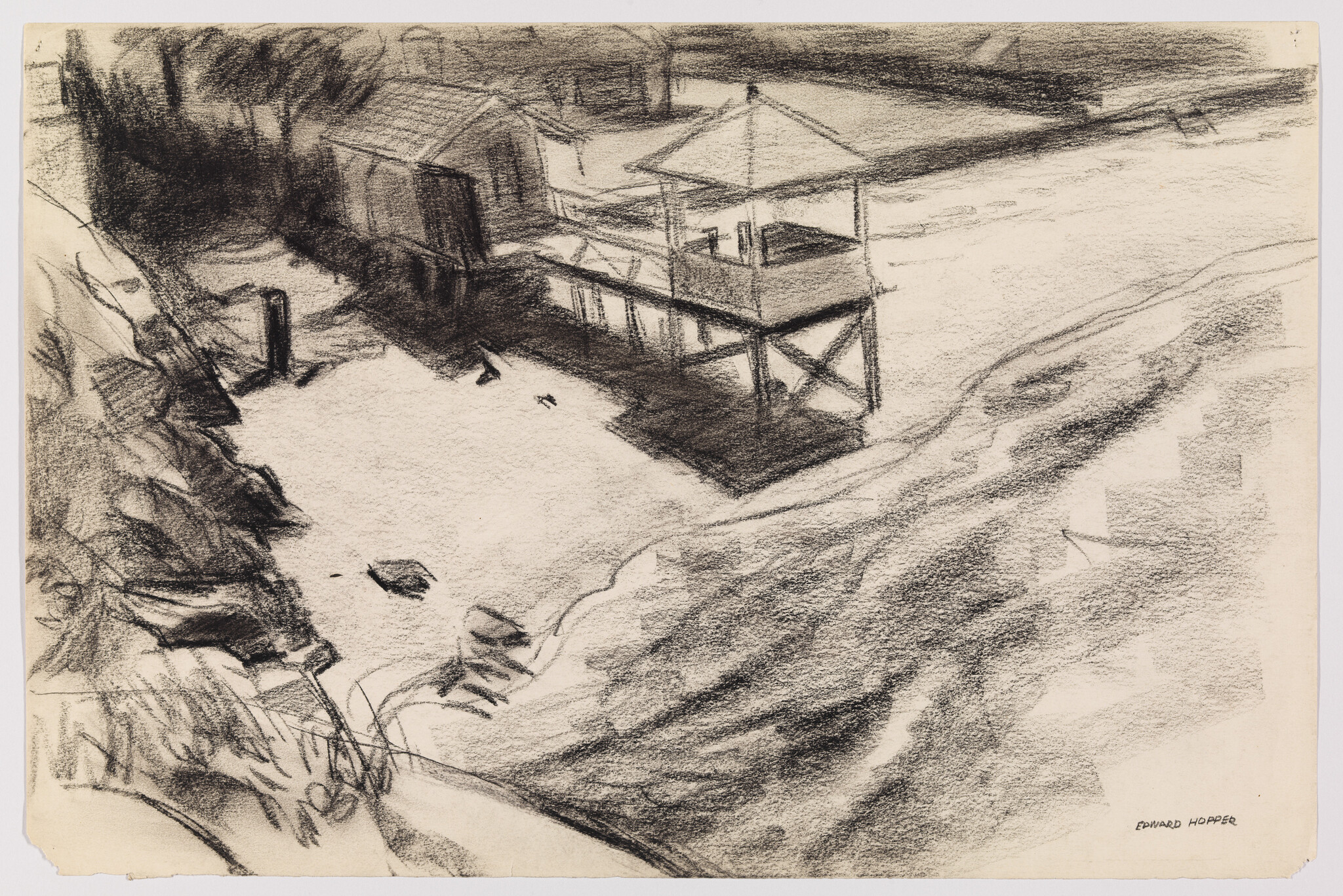 A charcoal sketch showing a stilted boathouse and pier beside a rocky shoreline and water.