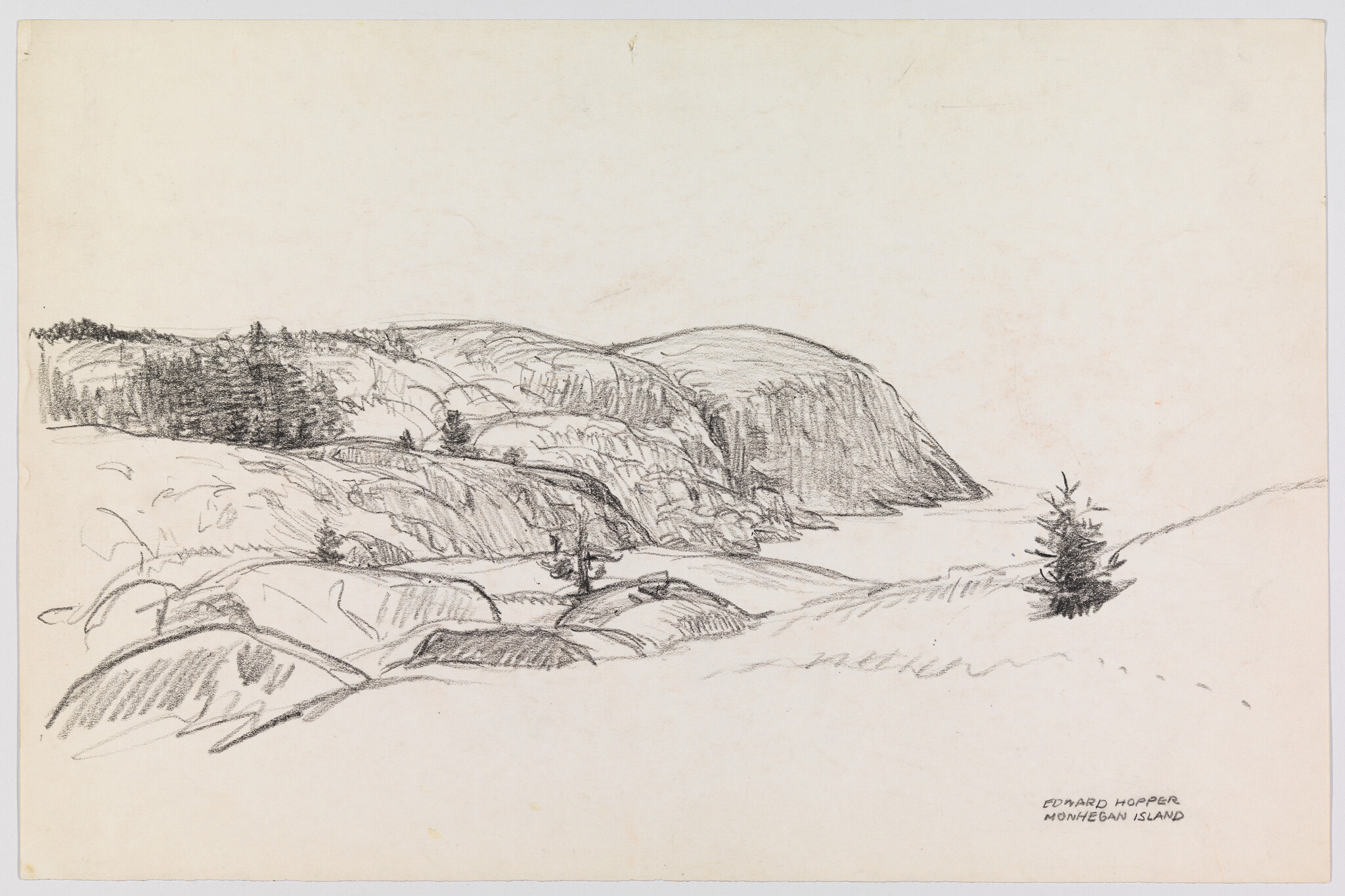 Pencil sketch by Edward Hopper depicting a rugged landscape scene on Monhegan Island with rolling hills, sparse trees, and prominent rock formations.