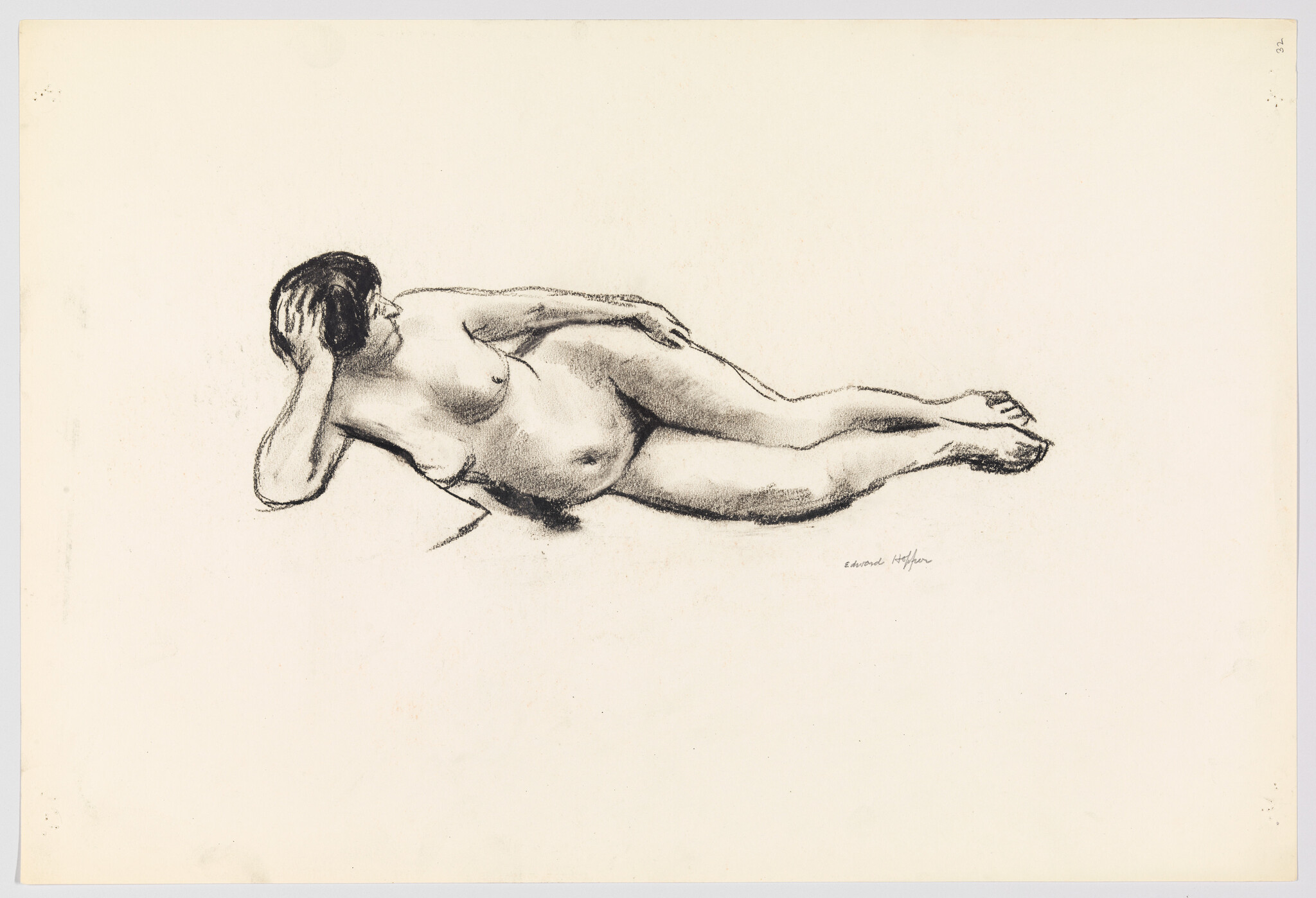 Reclining nude woman resting on her left elbow with legs extended.