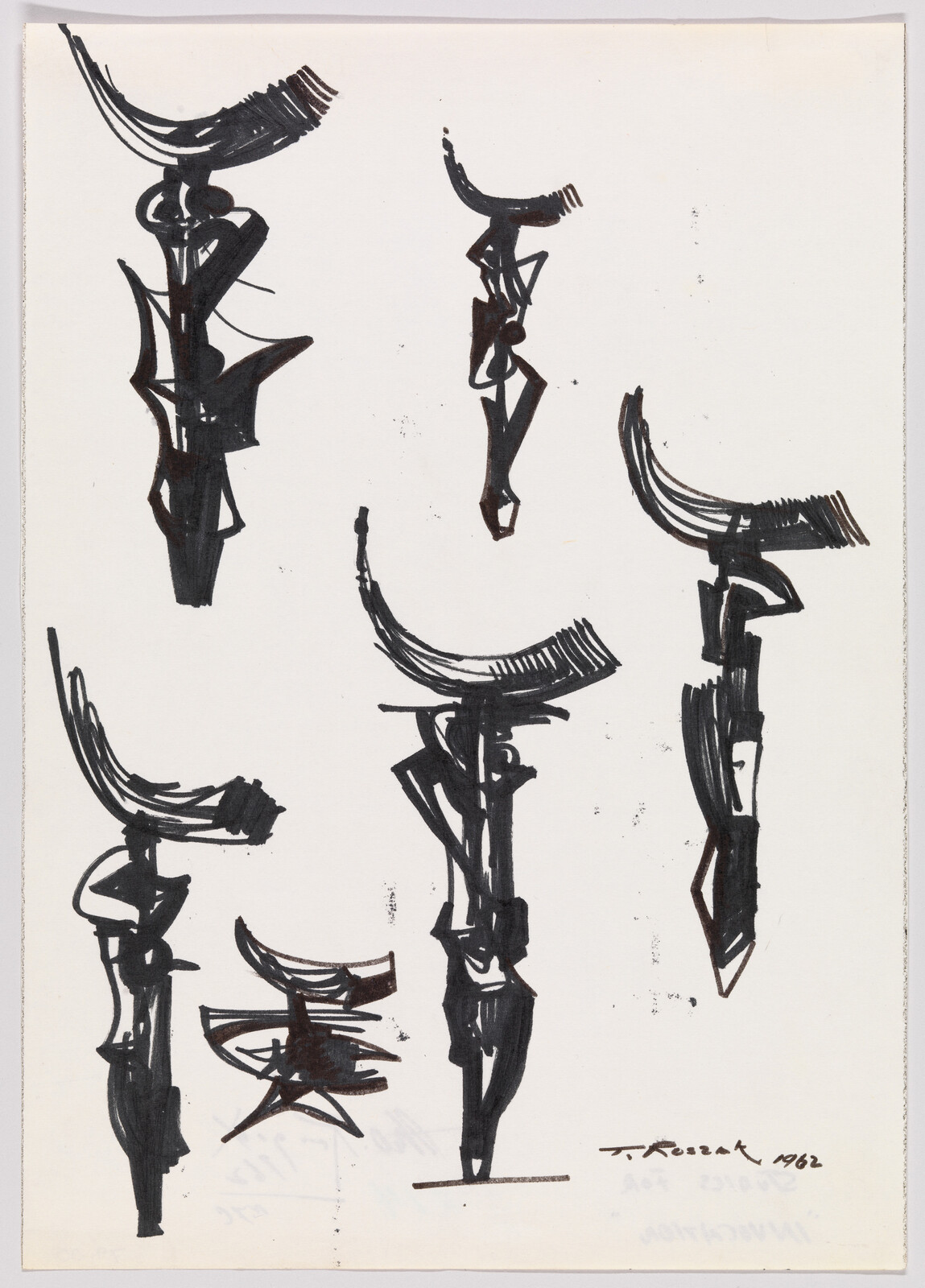 Several vertical abstract ink figures with curved top elements arranged across a white background.