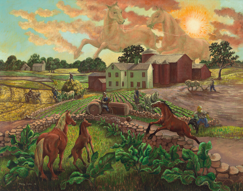 Three brown horses graze and leap near stone walls as faint giant horses loom in the sky above a farm.
