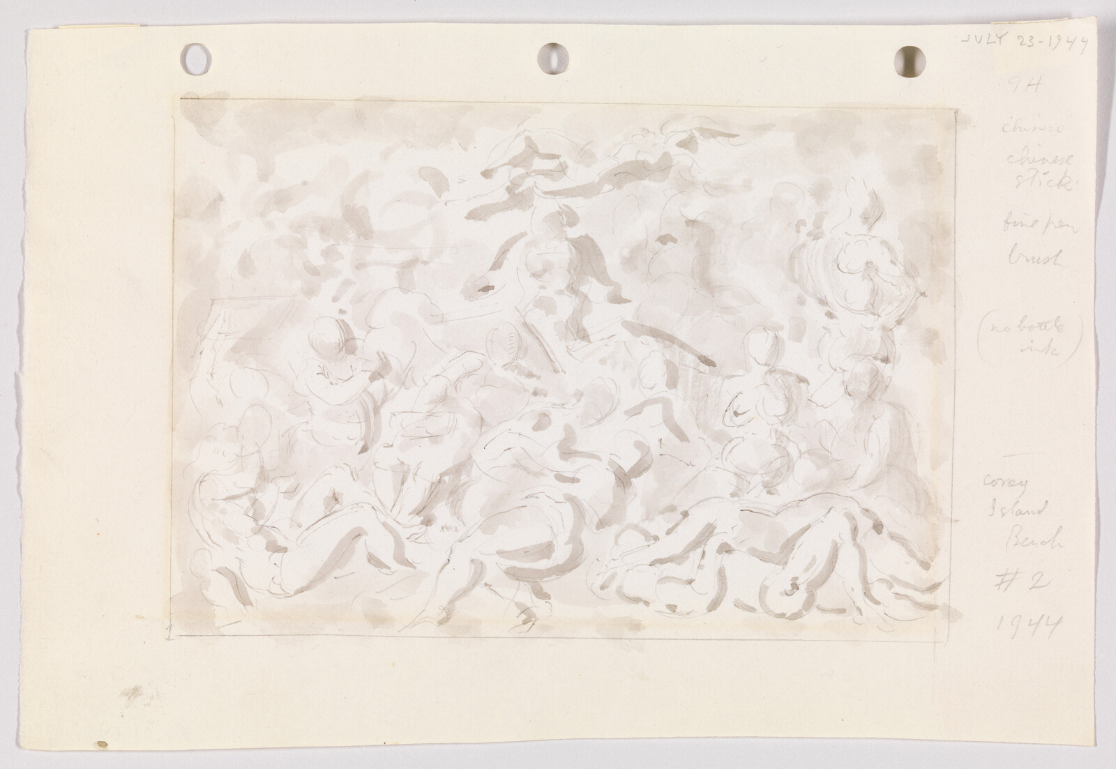 Many loosely sketched reclining and seated figures in a pale watercolor wash on paper.