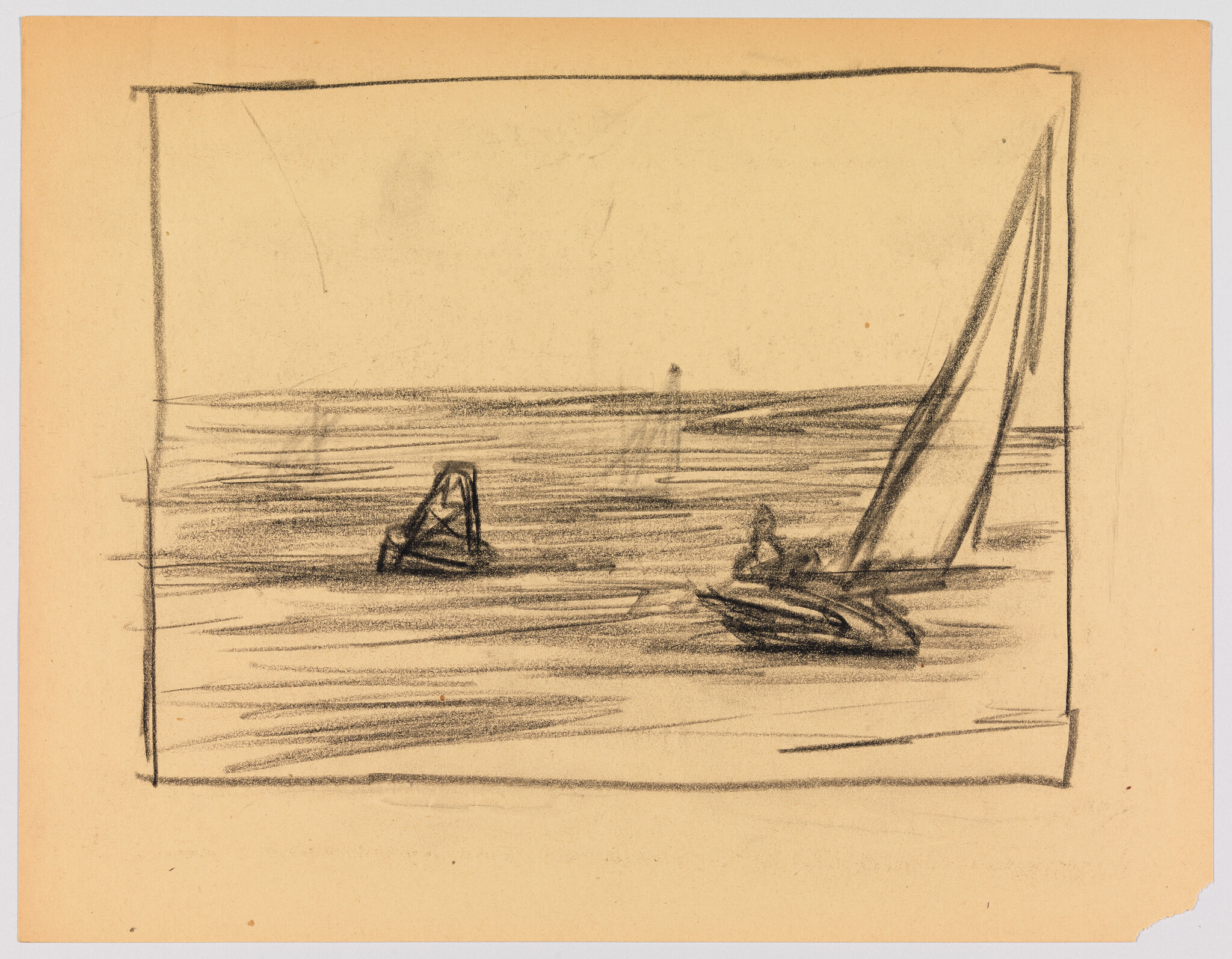 Two small sailboats glide on calm water in a rough pencil sketch framed by a border.