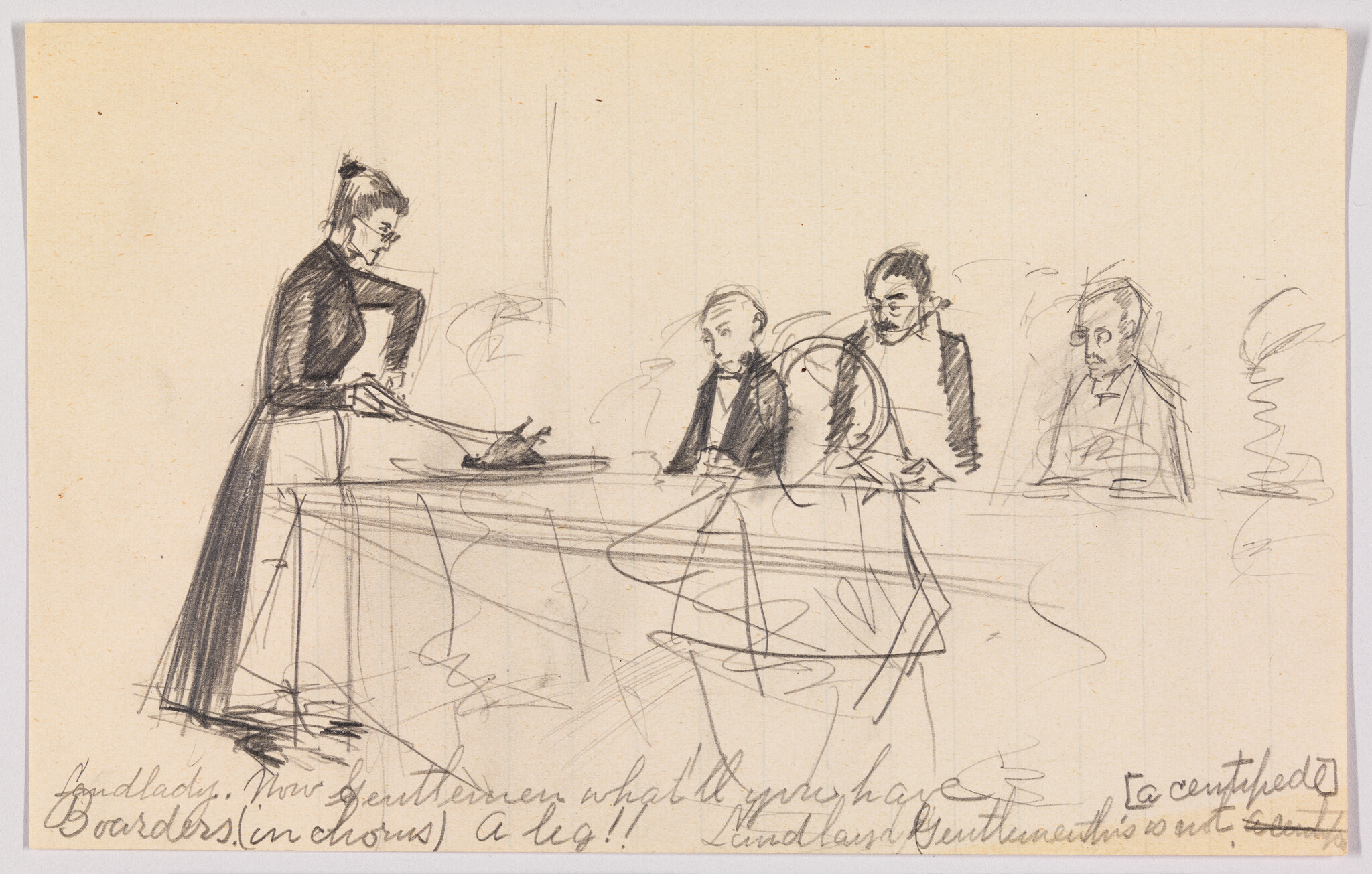 A woman in glasses carves a roasted bird while three men watch across the table.