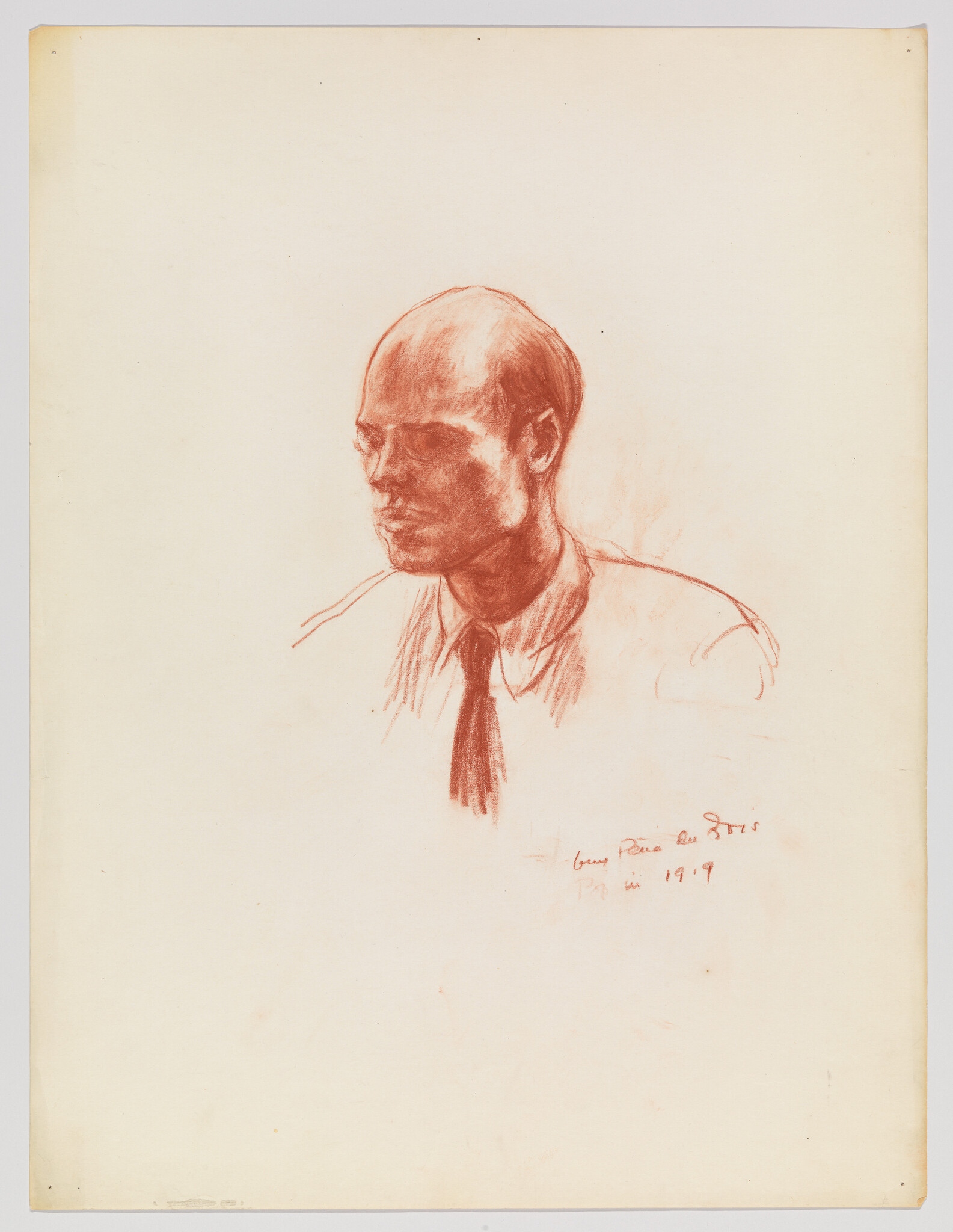 A sketch of a bald man in profile with a contemplative expression, drawn in red pencil on a beige paper. The artist's signature and the year 1917 are inscribed at the bottom right.