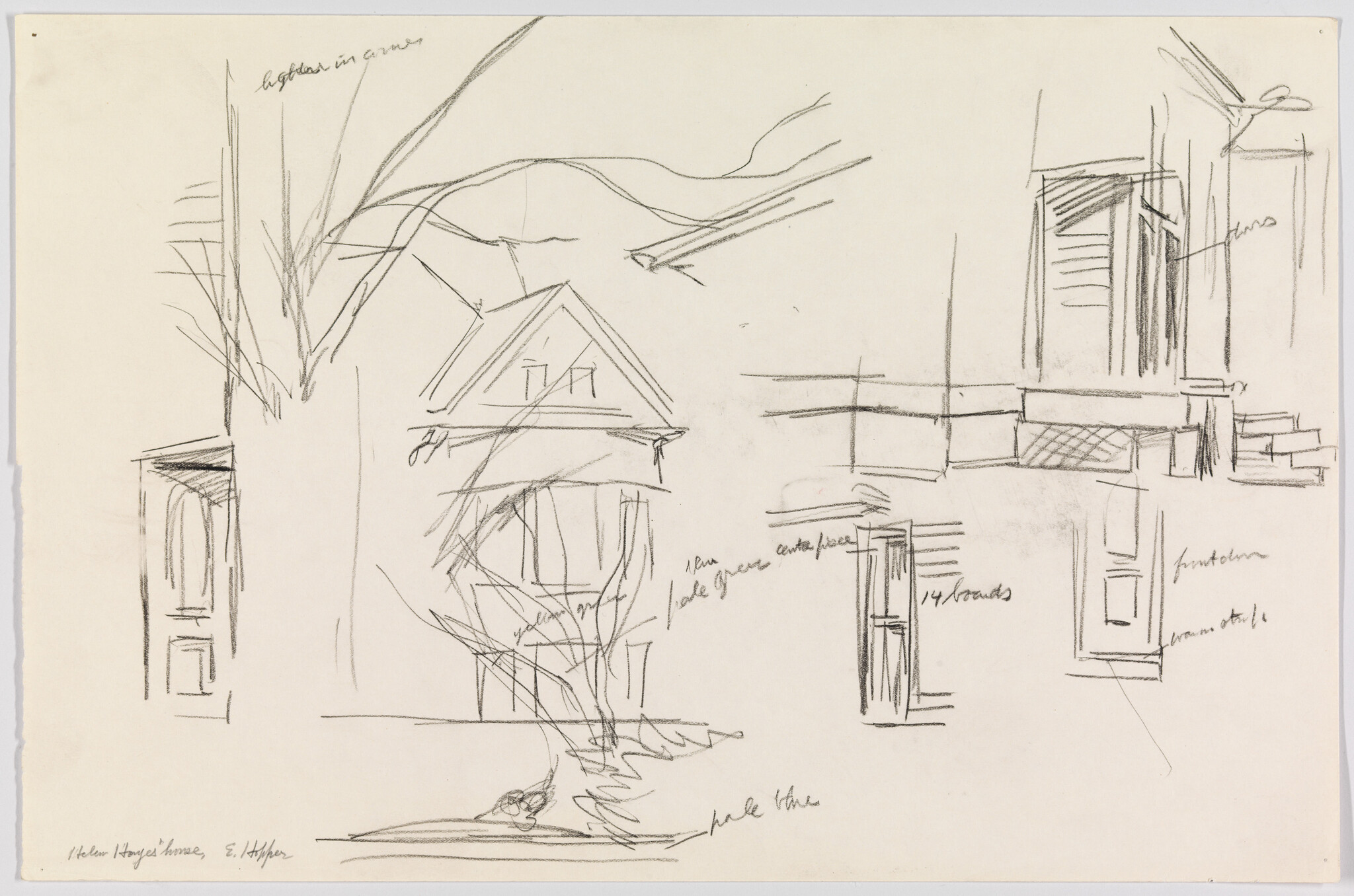 Sketches of architectural elements and a tree on a piece of paper, with handwritten notes and annotations indicating different parts of the drawings, such as "window," "front door," and "garden in corner." The style is loose and gestural, suggesting the artist's preliminary ideas for a building's design.