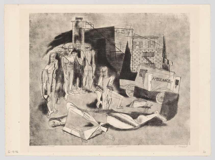 Several wounded and dead figures lie and stand near a building as an ambulance waits.