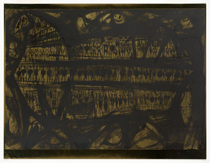 Dark abstract painting with horizontal rows of dripping marks and large sweeping black shapes.