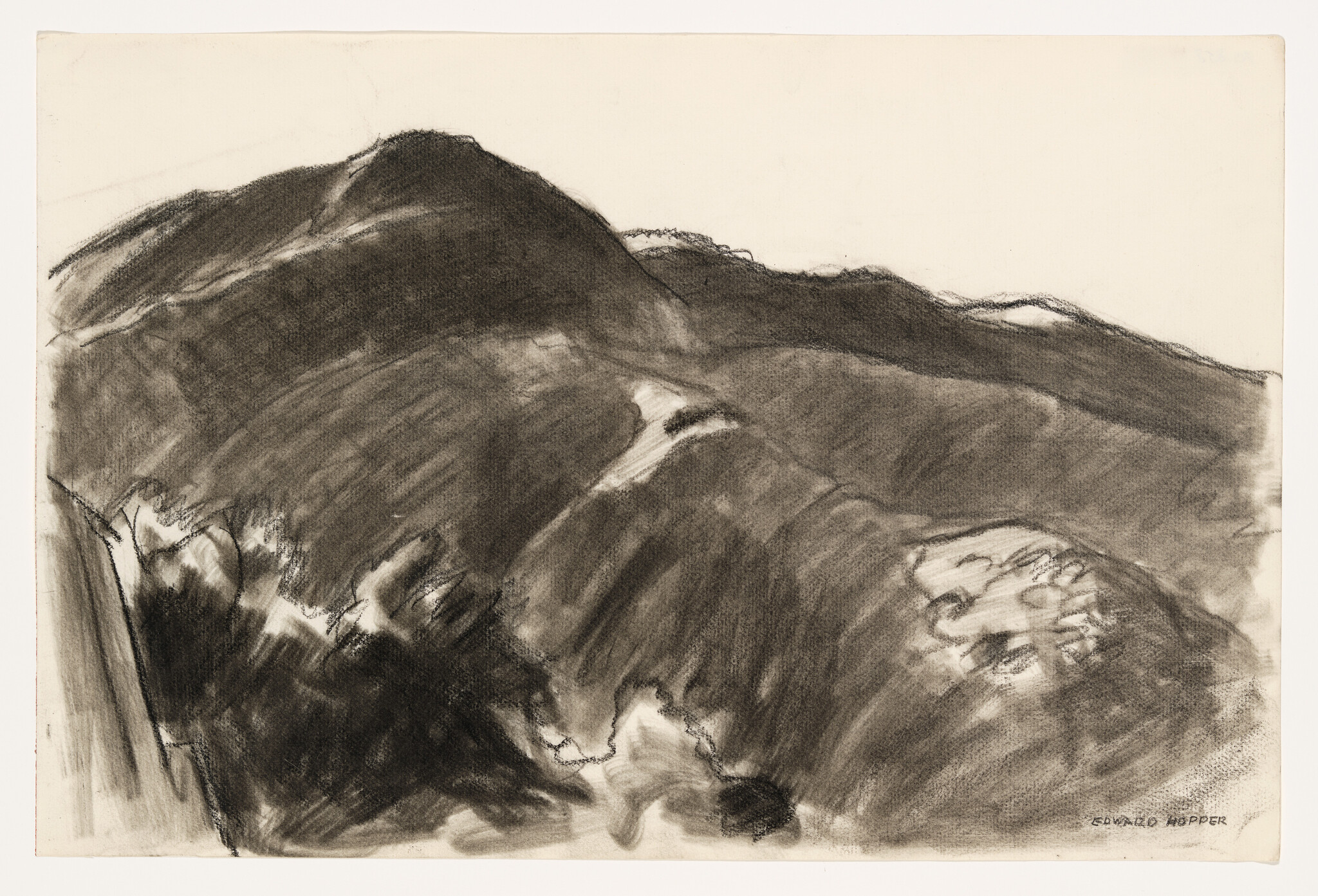 Dark charcoal drawing showing sweeping rounded hills and ridges under a pale sky.