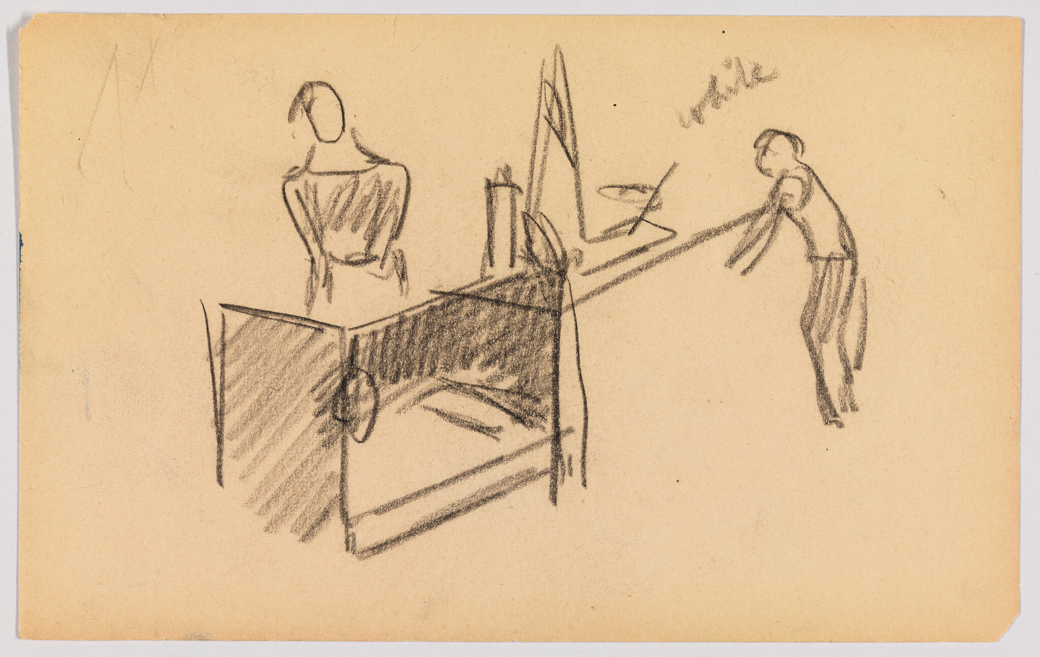Two loosely drawn figures near a bed and a leaning person pushing a table.