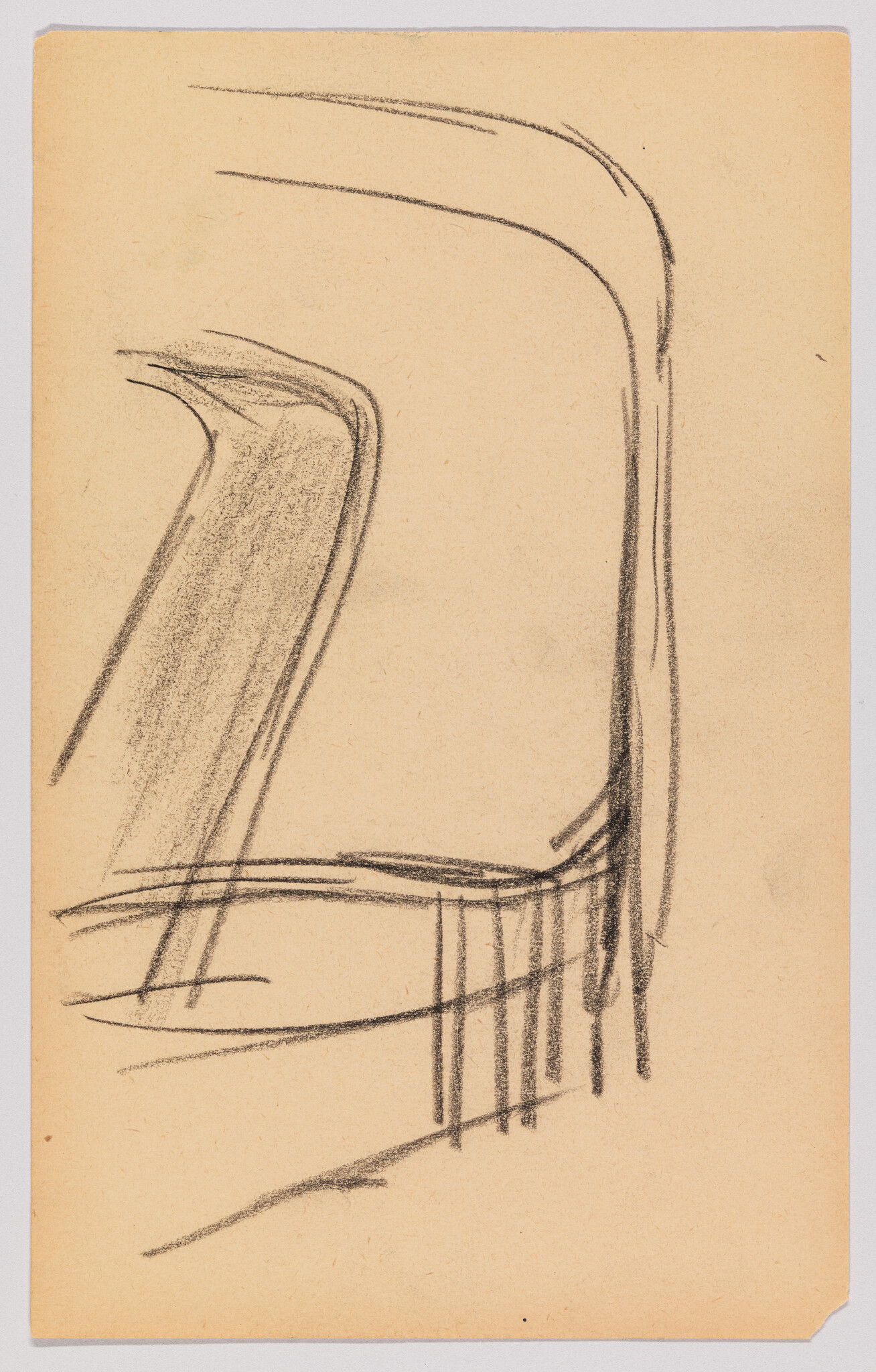 Airplane window and seatback sketched with bold charcoal lines and simple shapes.