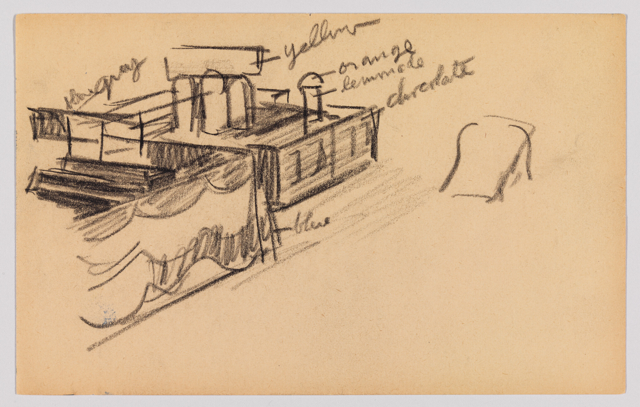 Charcoal sketch of a raised stage with draped curtains and handwritten color notes.