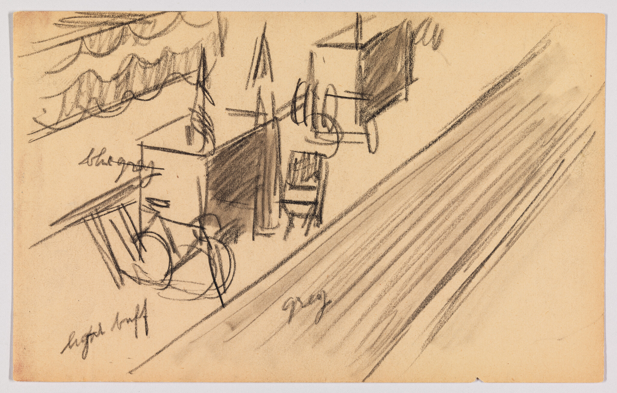 Sketch of a streetside scene with boxes, a chair, a bicycle, and diagonal road lines.