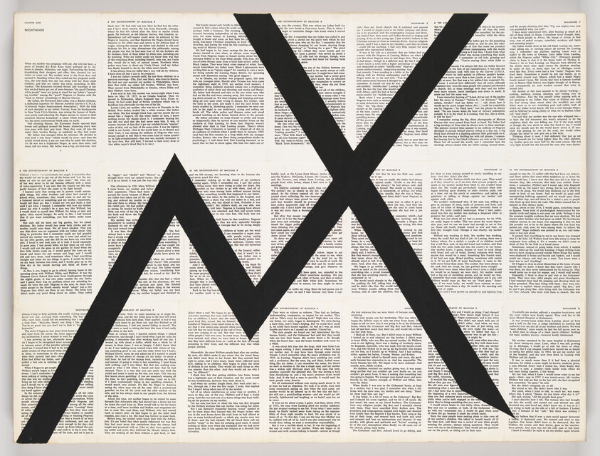 Large bold black X-shaped mark overlays a page of small printed newspaper text.