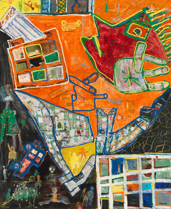 Bright abstract painting showing a large red hand over colorful patchwork buildings and shapes.