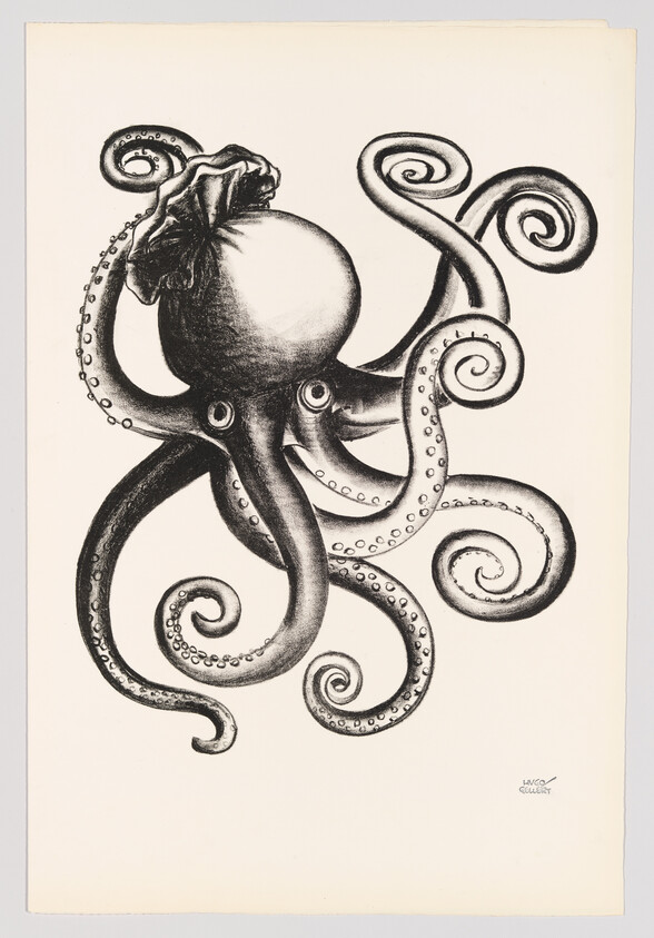 A detailed black-and-white octopus with long, swirling tentacles and a cloth cap on its head.