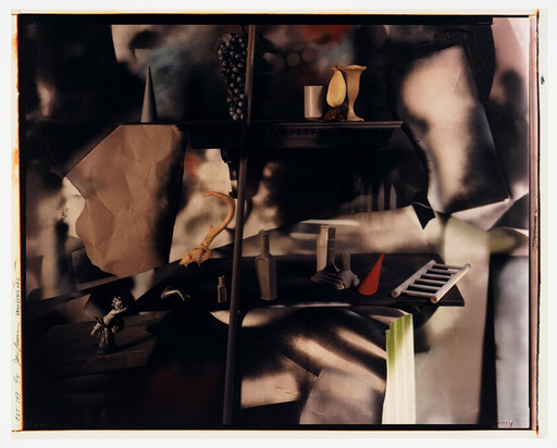 A dark surreal still life with stacked shelves holding a pear, small ladder, cone, and scattered objects.