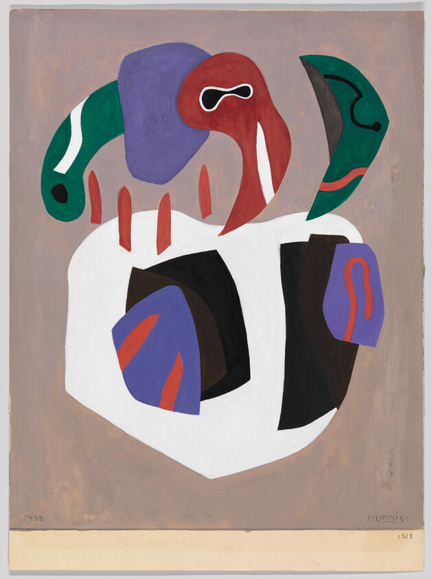 Abstract composition of colorful organic shapes floating above a white rounded form.