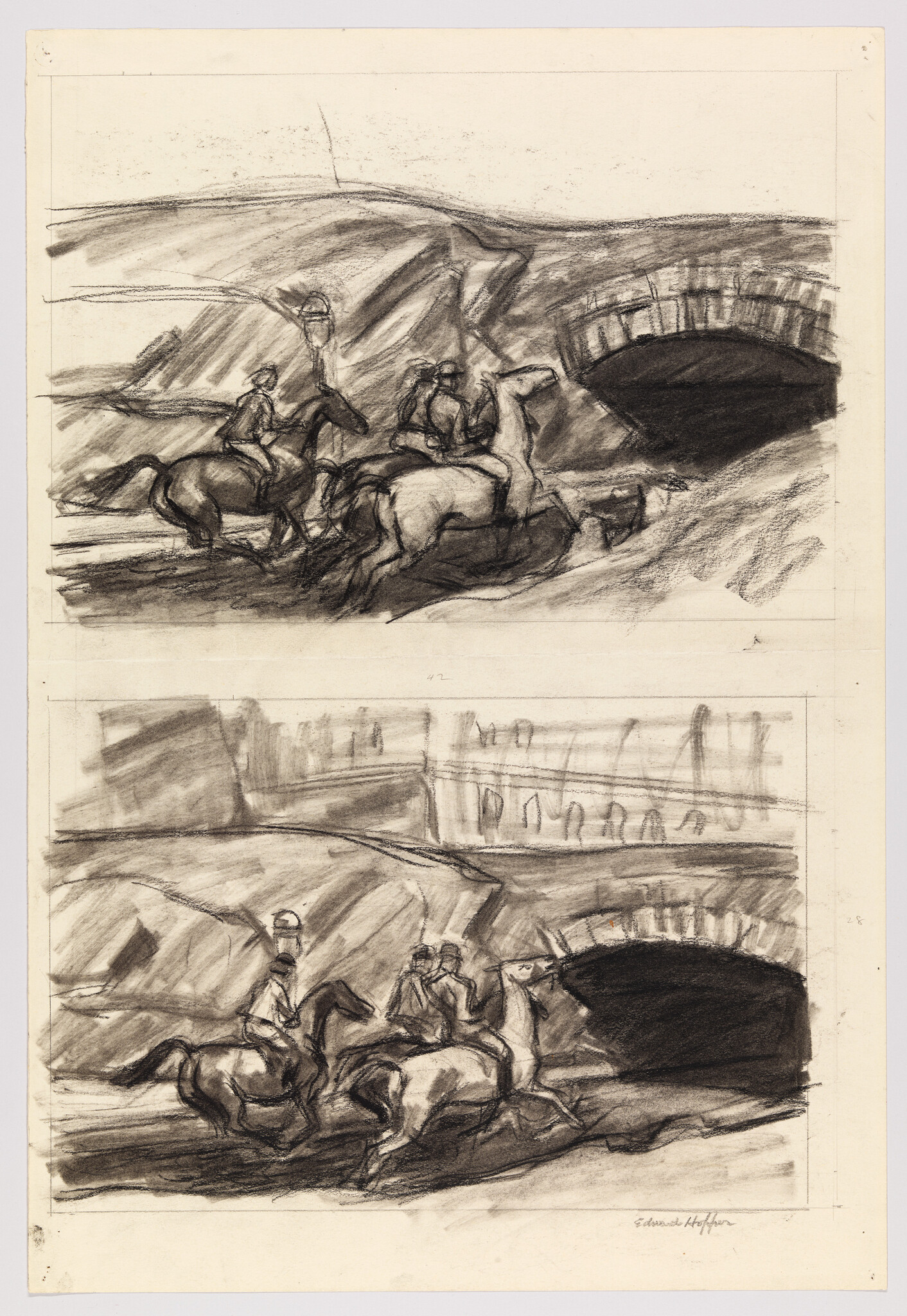 A sketch on paper featuring two separate scenes, one above the other. The upper sketch shows a group of horseback riders in a hilly landscape with a bridge in the background. The lower sketch depicts the same bridge from a different angle with a single rider in the foreground. Both sketches are rendered in a loose, expressive style with visible strokes and shading, signed by Edward Hopper.