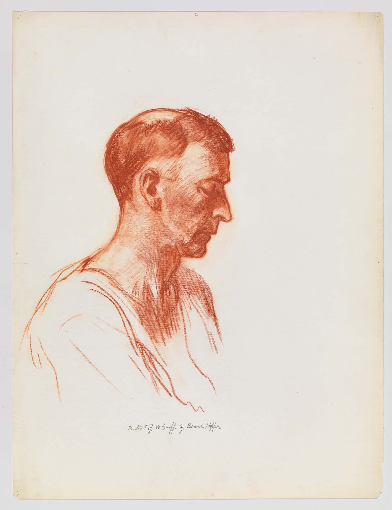 A red chalk portrait sketch of a man in profile looking downward, wearing a loose shirt.