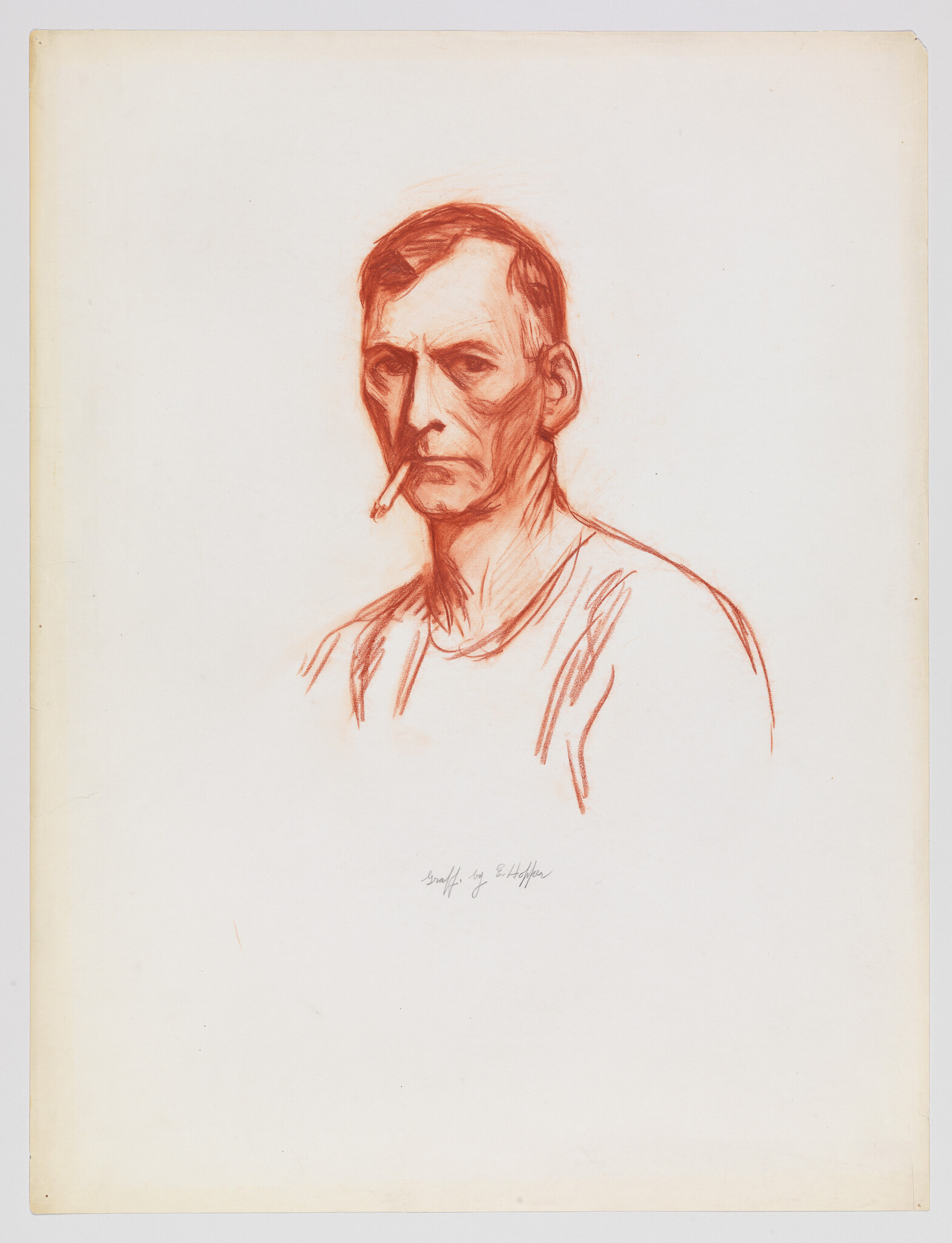 A red chalk portrait of a middle-aged man with a cigarette held in his mouth.
