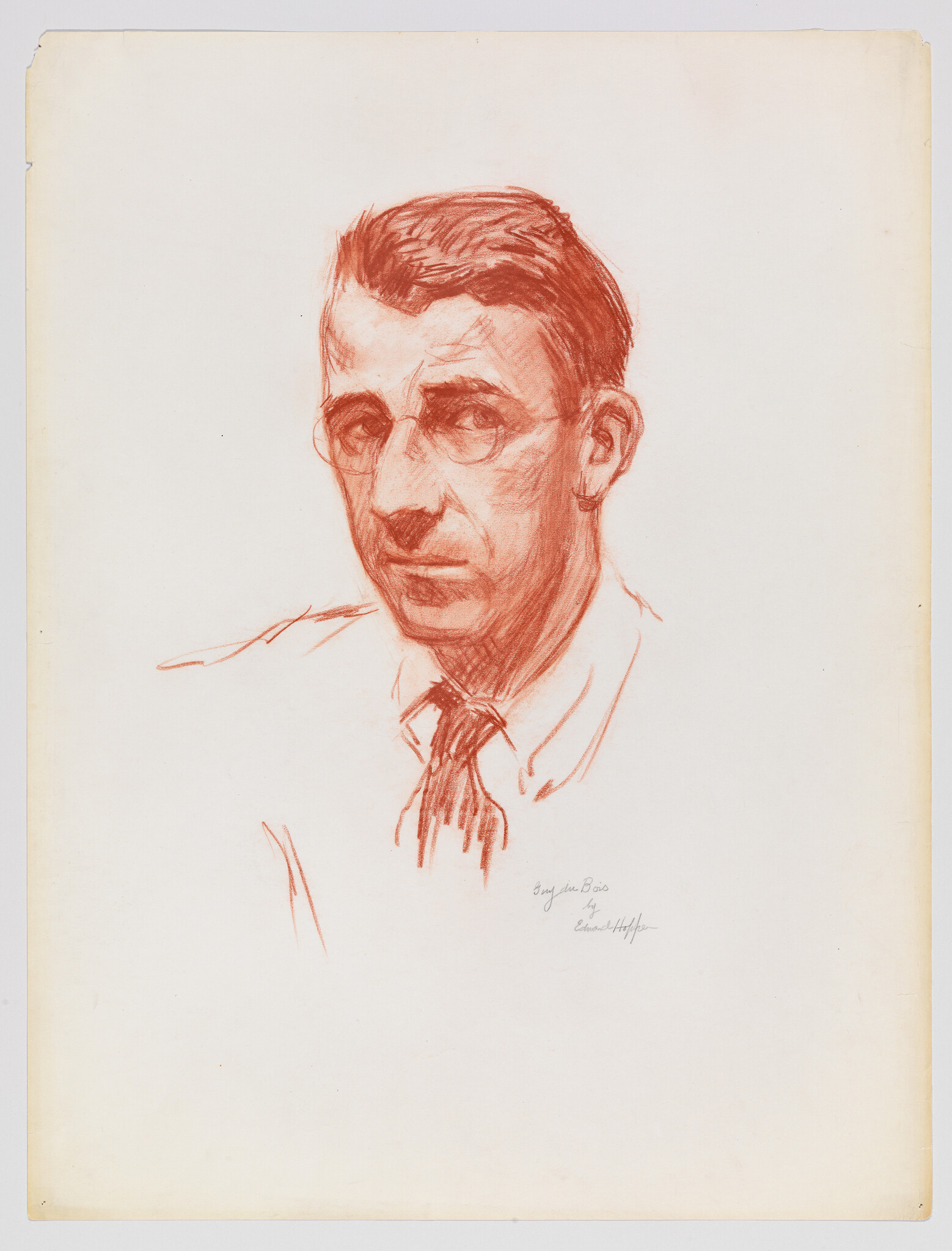 Red chalk portrait of a serious man wearing a collared shirt and tie.