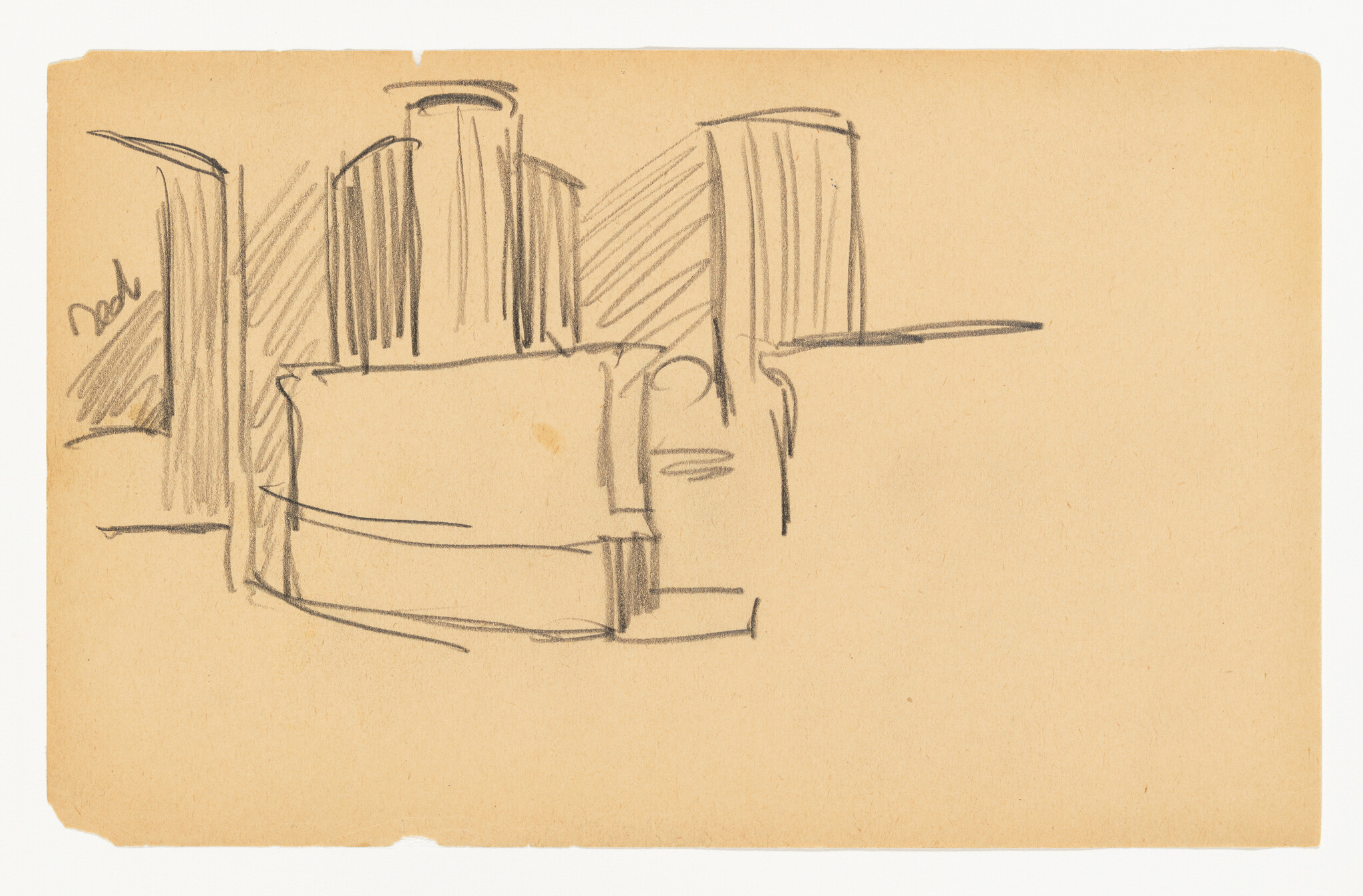 A rough pencil sketch of a cushioned armchair set against tall vertical shaded forms.