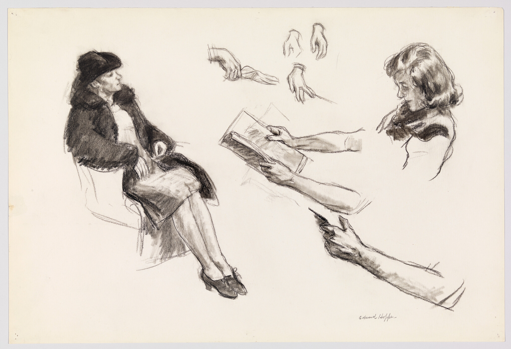 An artist's charcoal studies showing a seated woman in a hat and several hand and arm sketches.