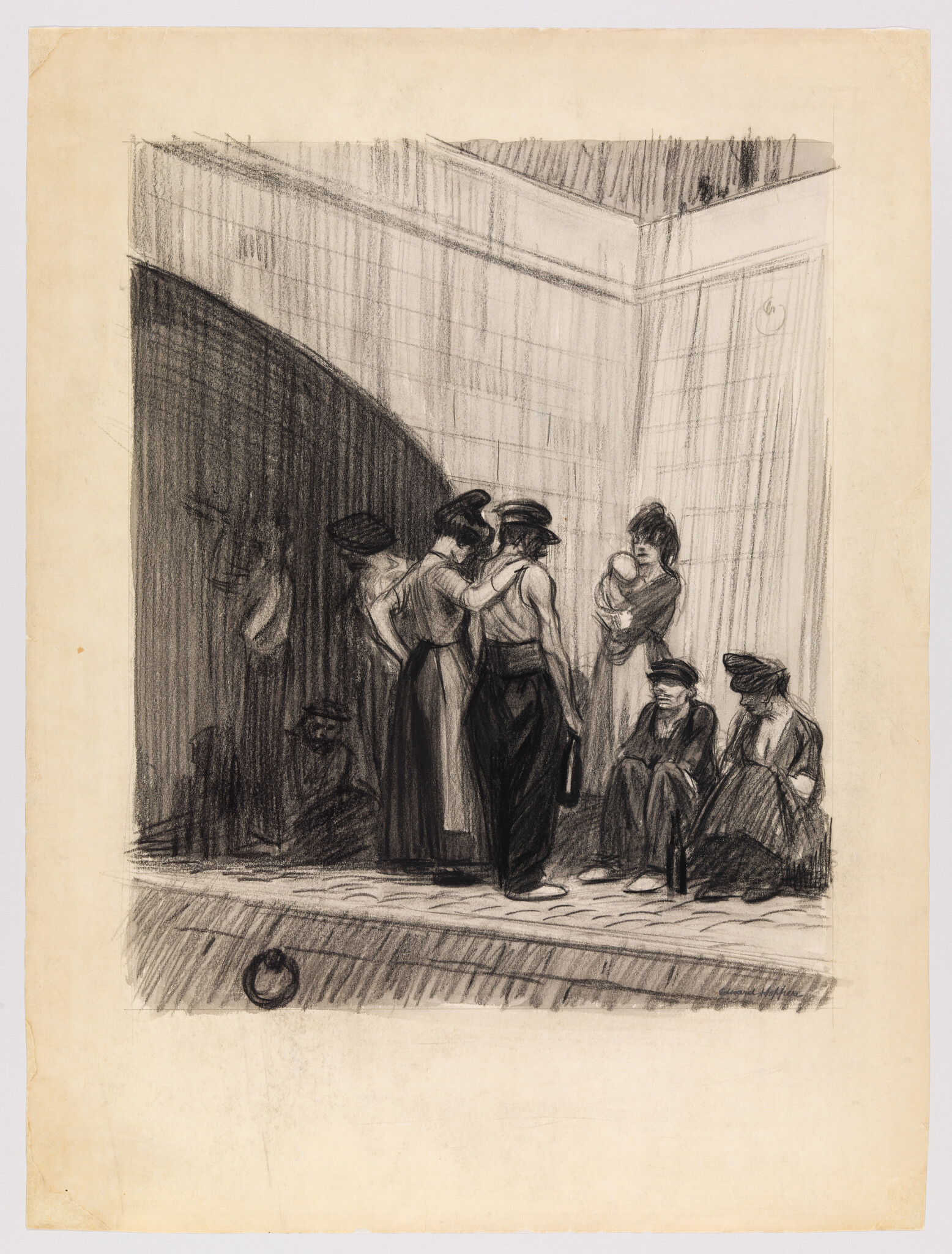 A small group of street vendors and workers gather on a tiled city corner, one woman holding a baby.