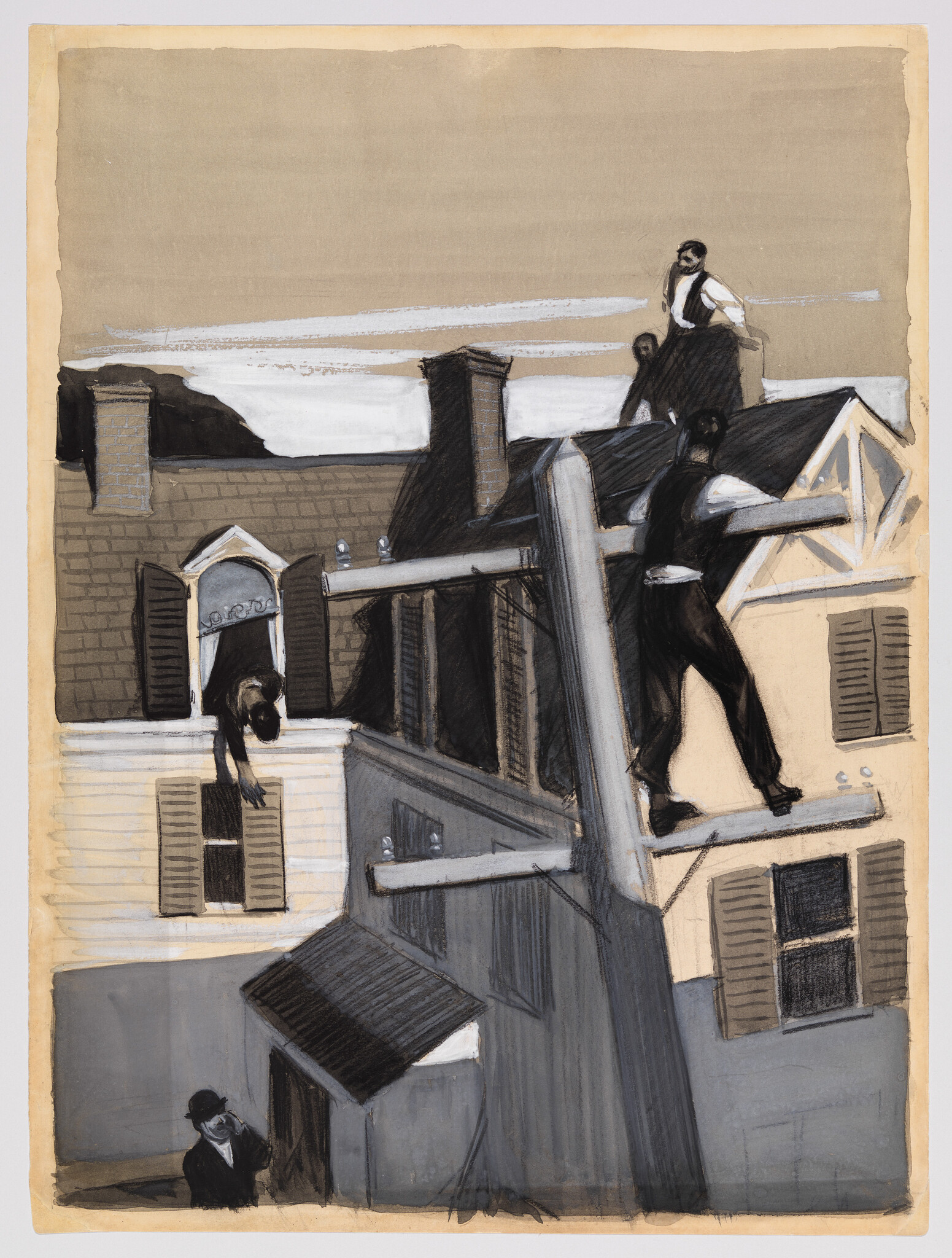 Three workers balance on rooftops and a wooden beam while a man watches from the street.
