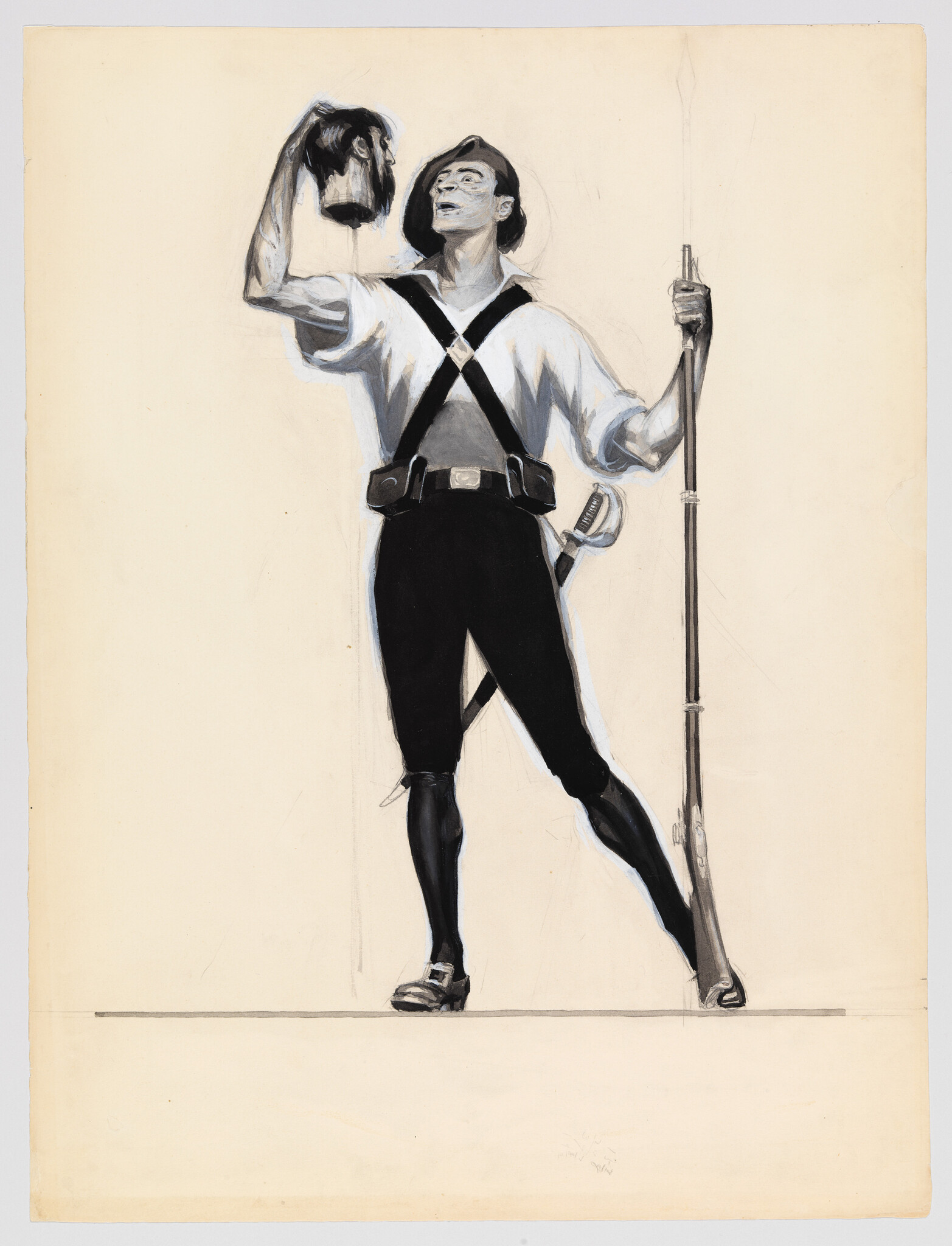 A soldier in historical uniform holds a severed head aloft in one hand and a musket in the other.