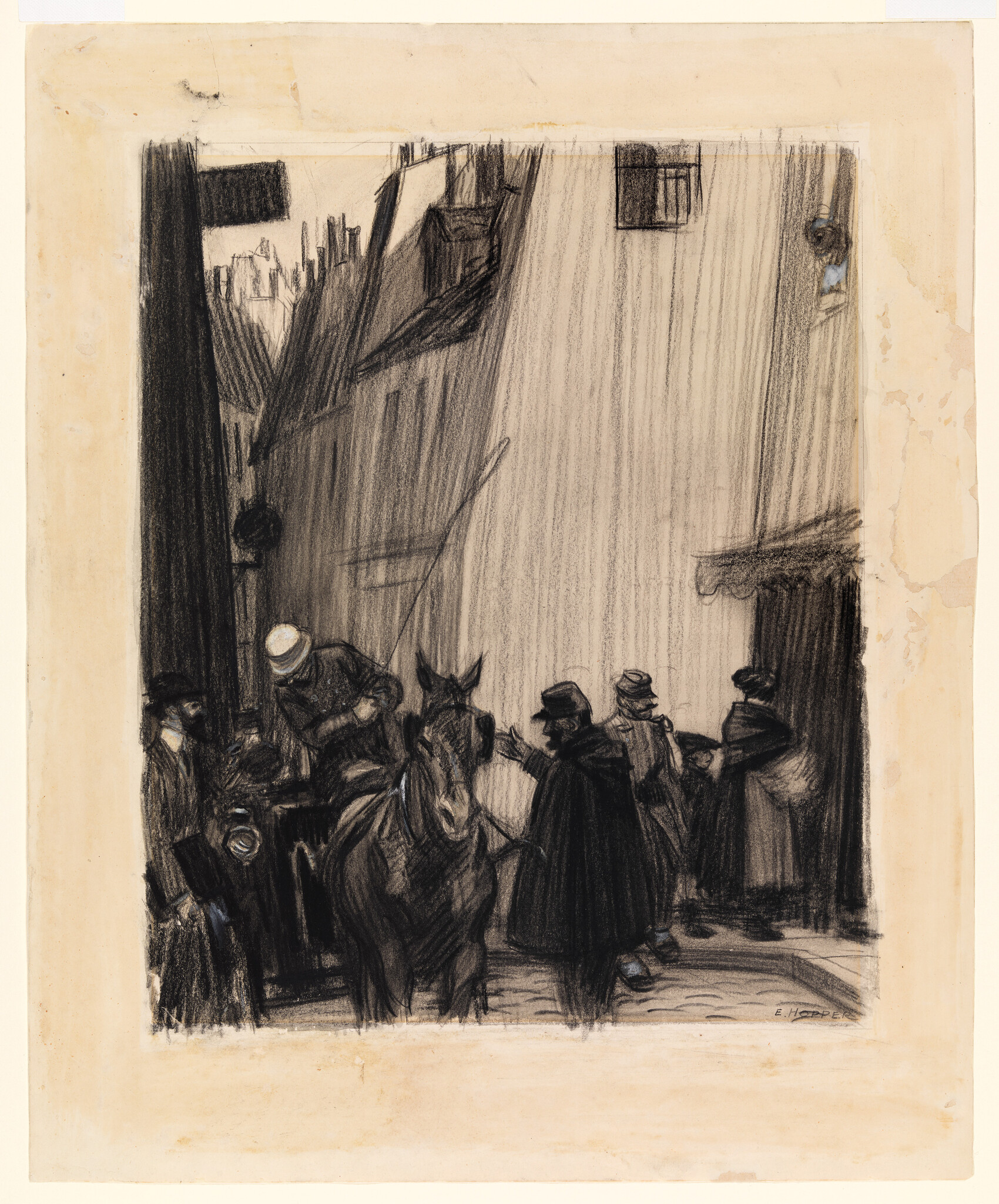 A horse-drawn carriage stops in a narrow city alley as men gather and talk.