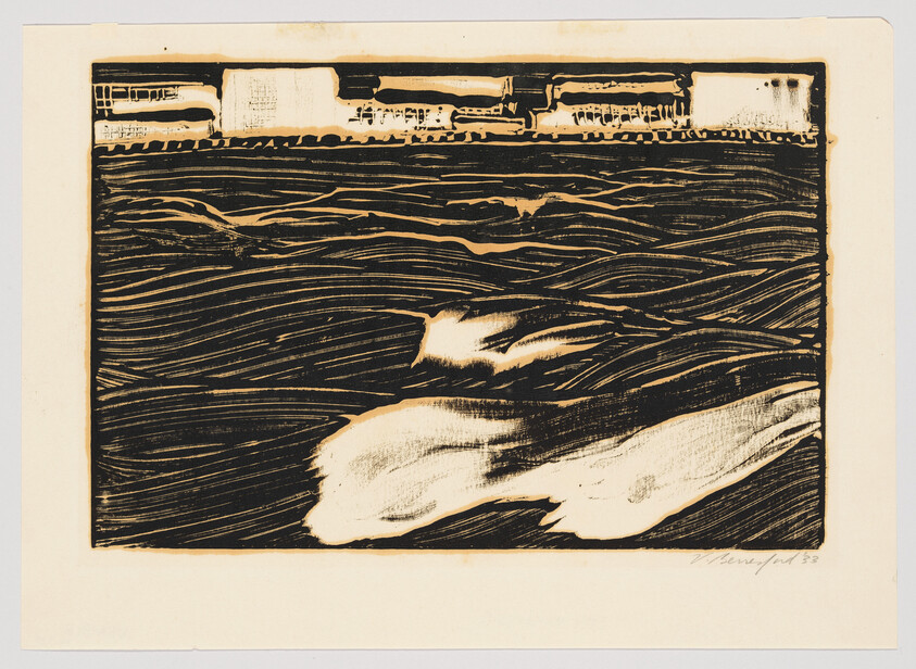 Dark woodcut-style waves with white surf in the foreground and a long train along the horizon.