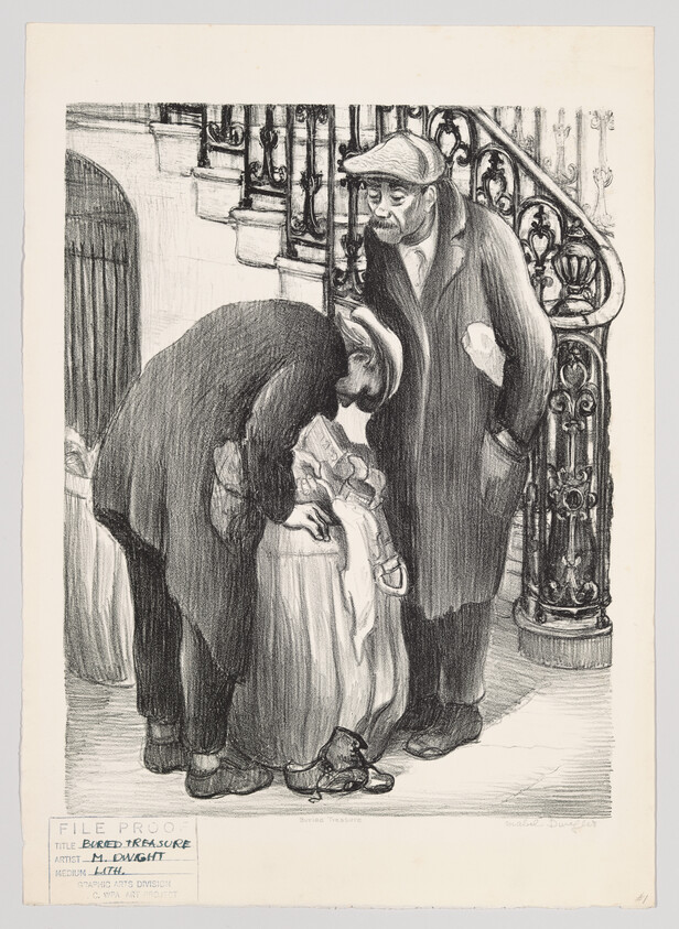 Two men examine an abandoned baby wrapped in cloth on a sidewalk by a staircase.