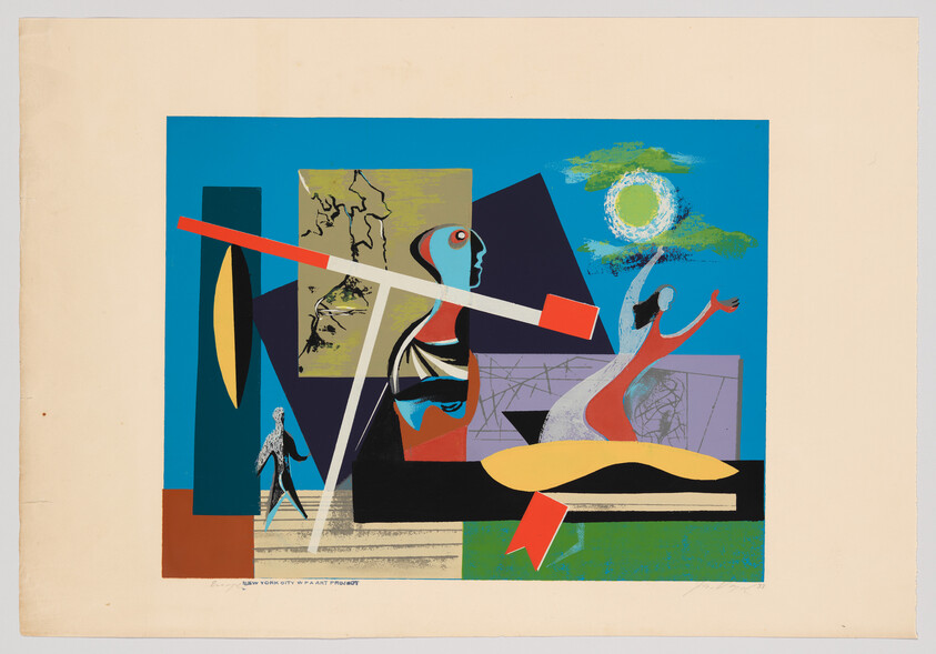 Abstract colorful composition with two stylized figures, geometric shapes, and a glowing circular sun.