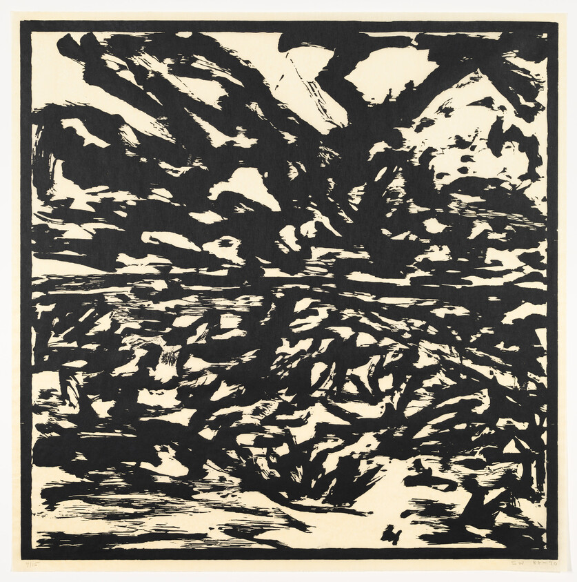 Dense black brush strokes form an abstract, swirling pattern across a cream background.